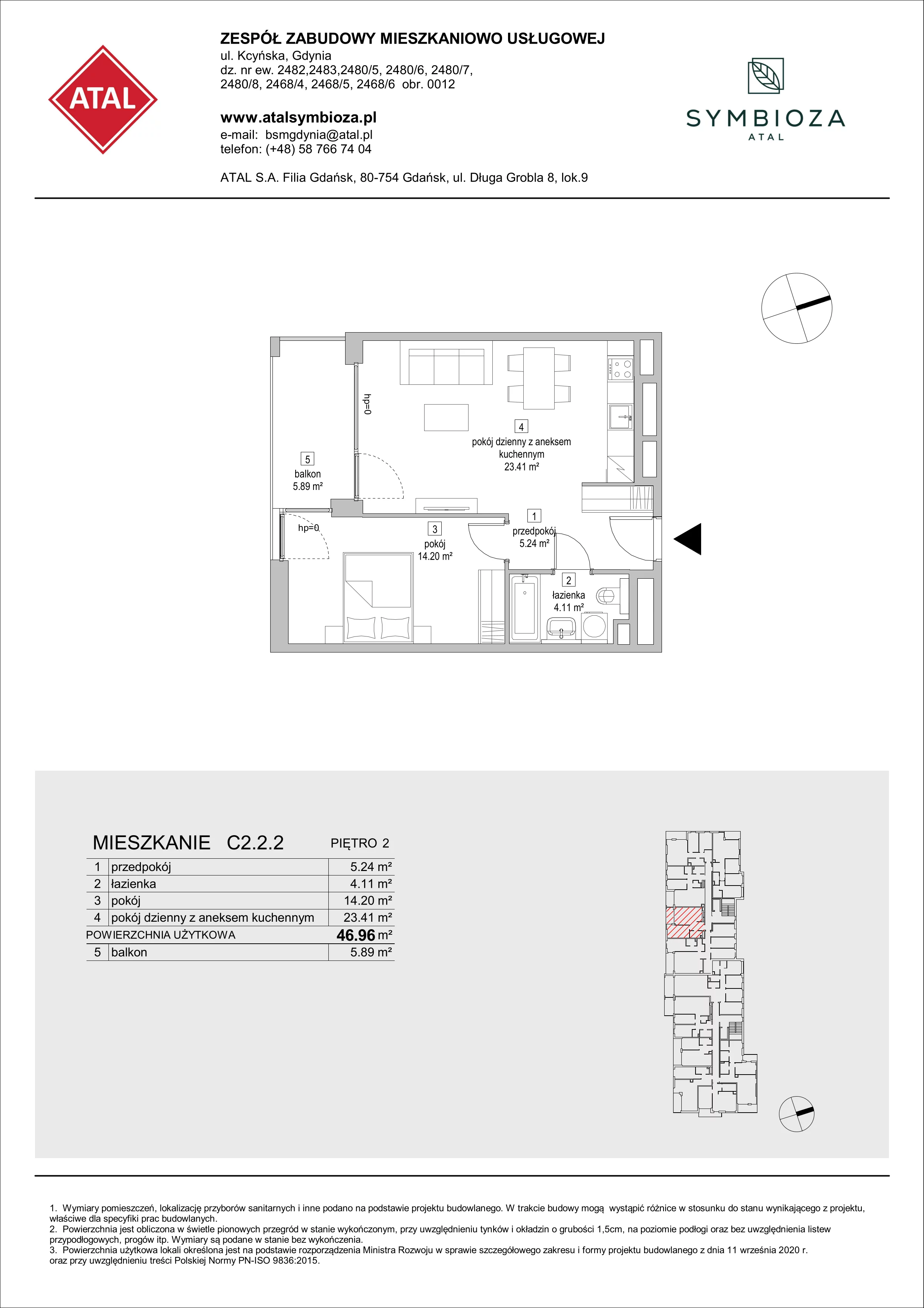 Mieszkanie 46,96 m², piętro 2, oferta nr C2.2.2, ATAL Symbioza, Gdynia, Cisowa, ul. Kcyńska