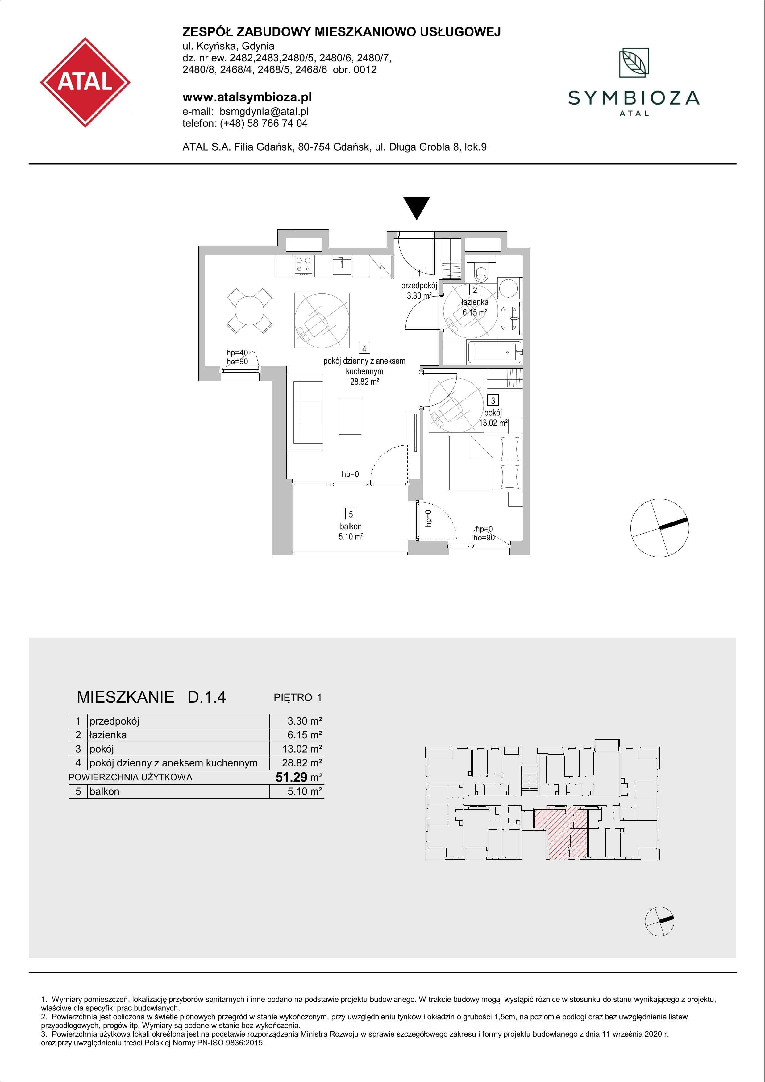 Mieszkanie 51,29 m², piętro 1, oferta nr D.1.4, ATAL Symbioza, Gdynia, Cisowa, ul. Kcyńska