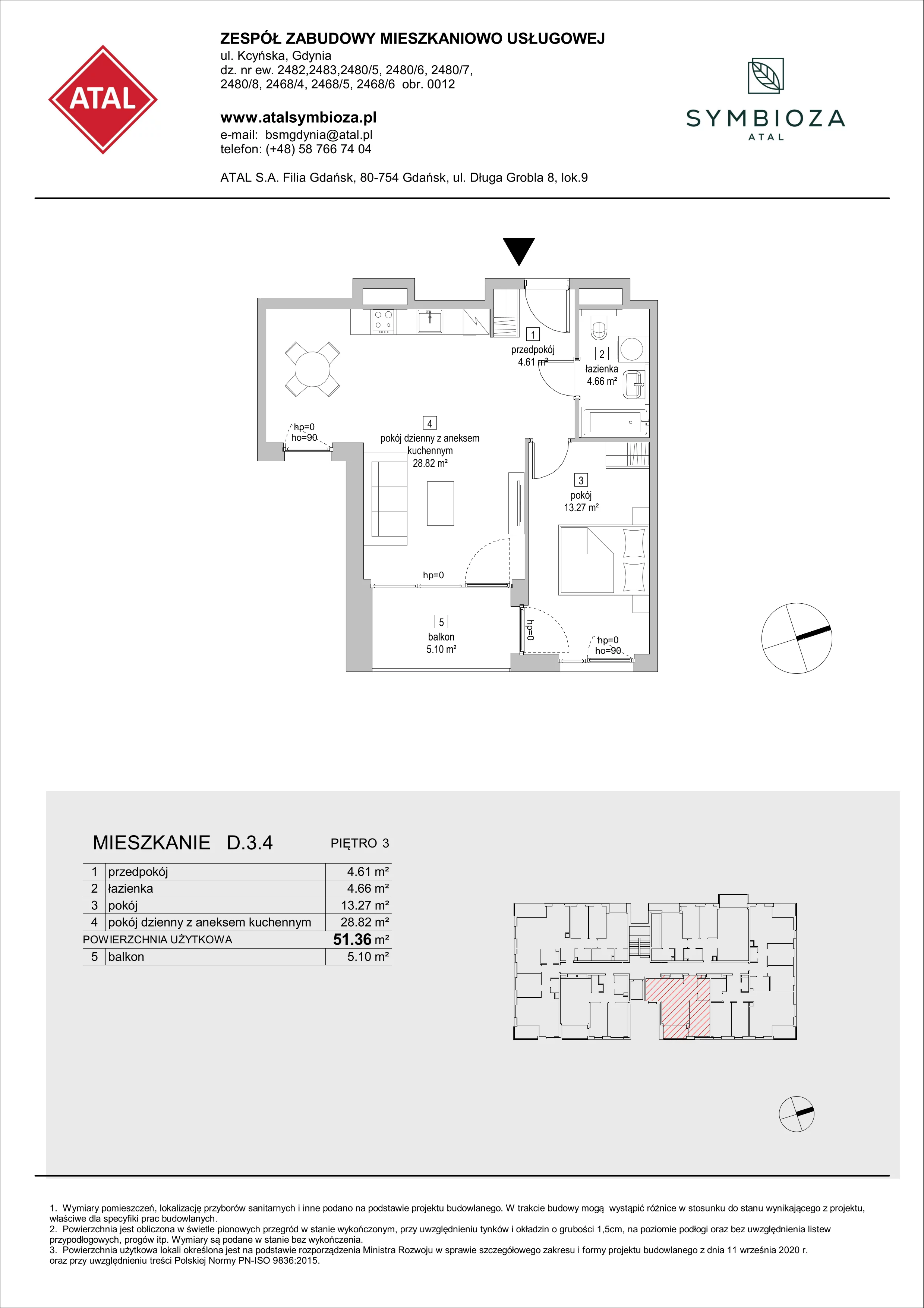 Mieszkanie 51,36 m², piętro 3, oferta nr D.3.4, ATAL Symbioza, Gdynia, Cisowa, ul. Kcyńska