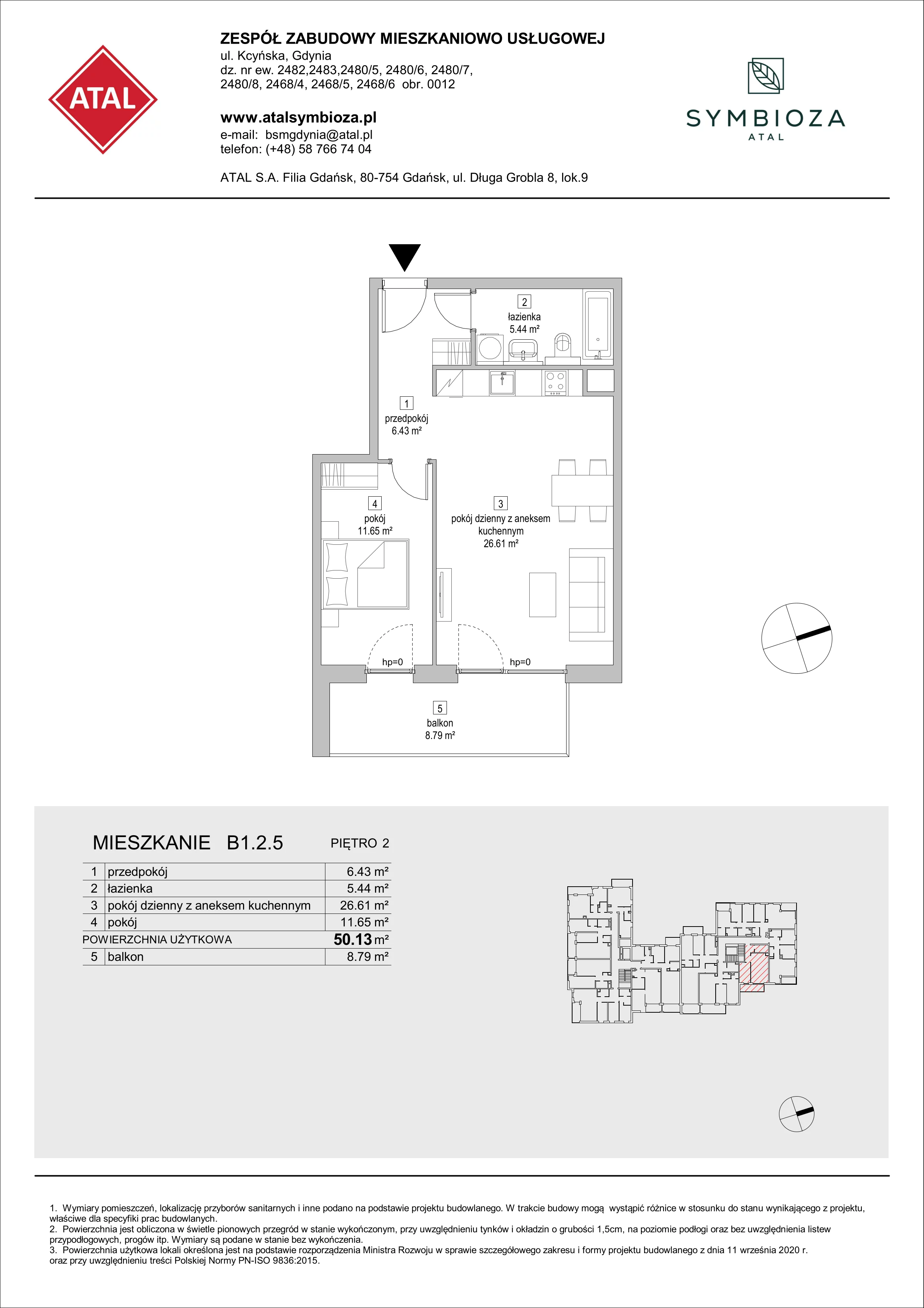 2 pokoje, mieszkanie 50,13 m², piętro 2, oferta nr B1.2.5, ATAL Symbioza, Gdynia, Cisowa, ul. Kcyńska