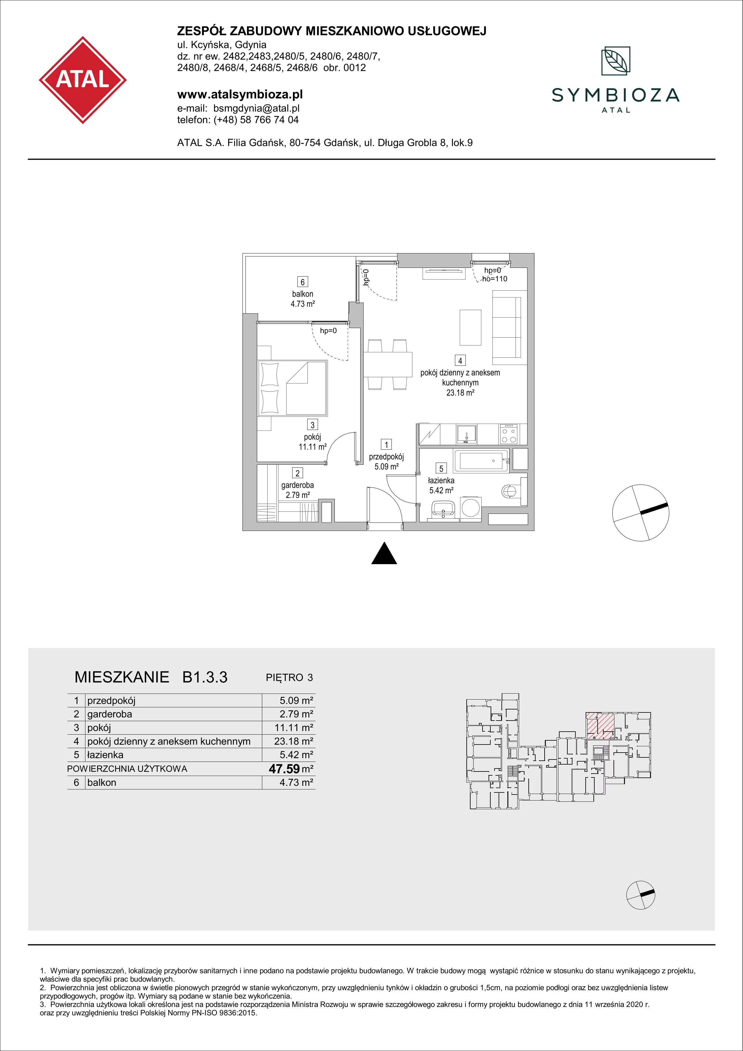 2 pokoje, mieszkanie 47,59 m², piętro 3, oferta nr B1.3.3, ATAL Symbioza, Gdynia, Cisowa, ul. Kcyńska