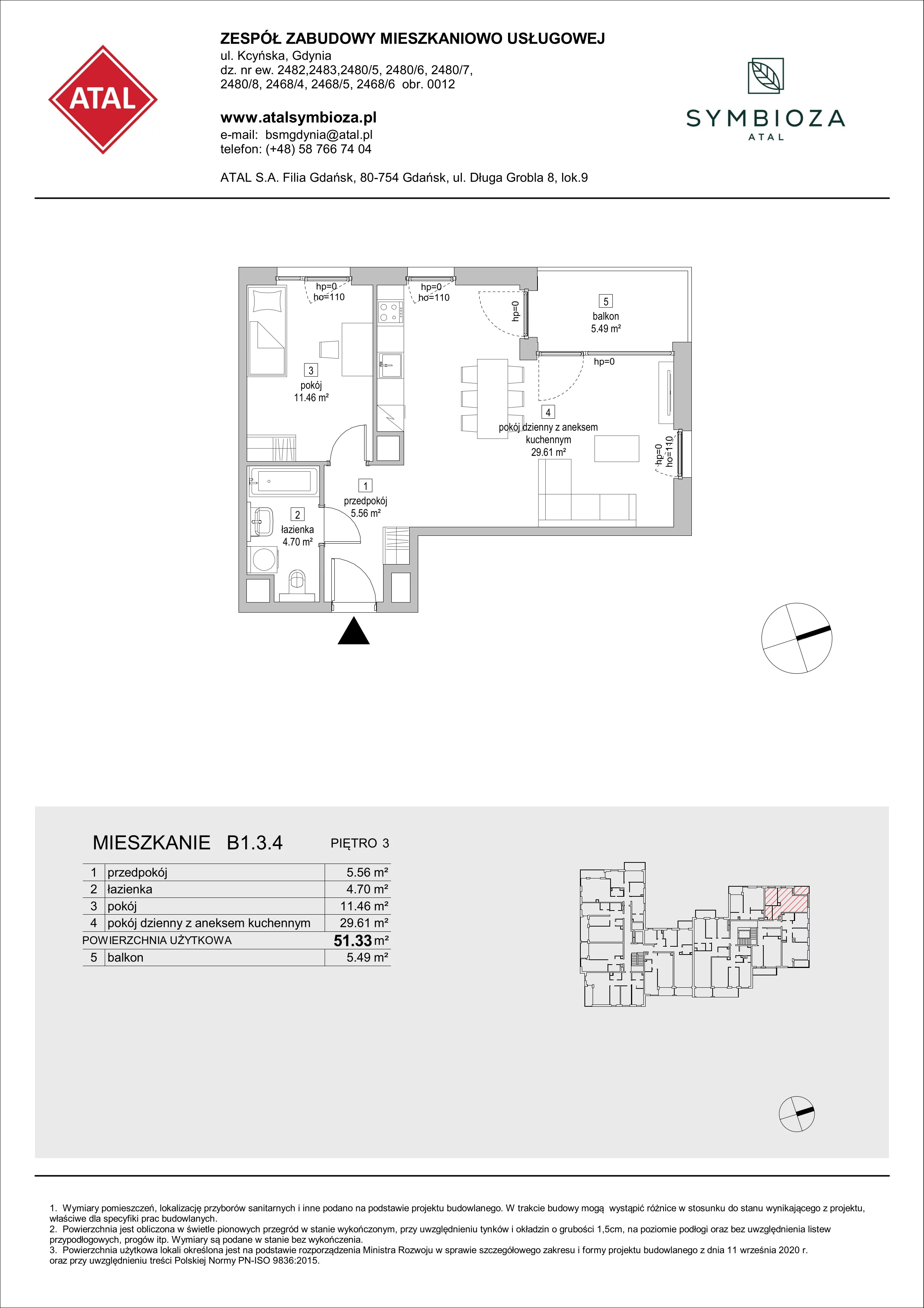 2 pokoje, mieszkanie 51,33 m², piętro 3, oferta nr B1.3.4, ATAL Symbioza, Gdynia, Cisowa, ul. Kcyńska