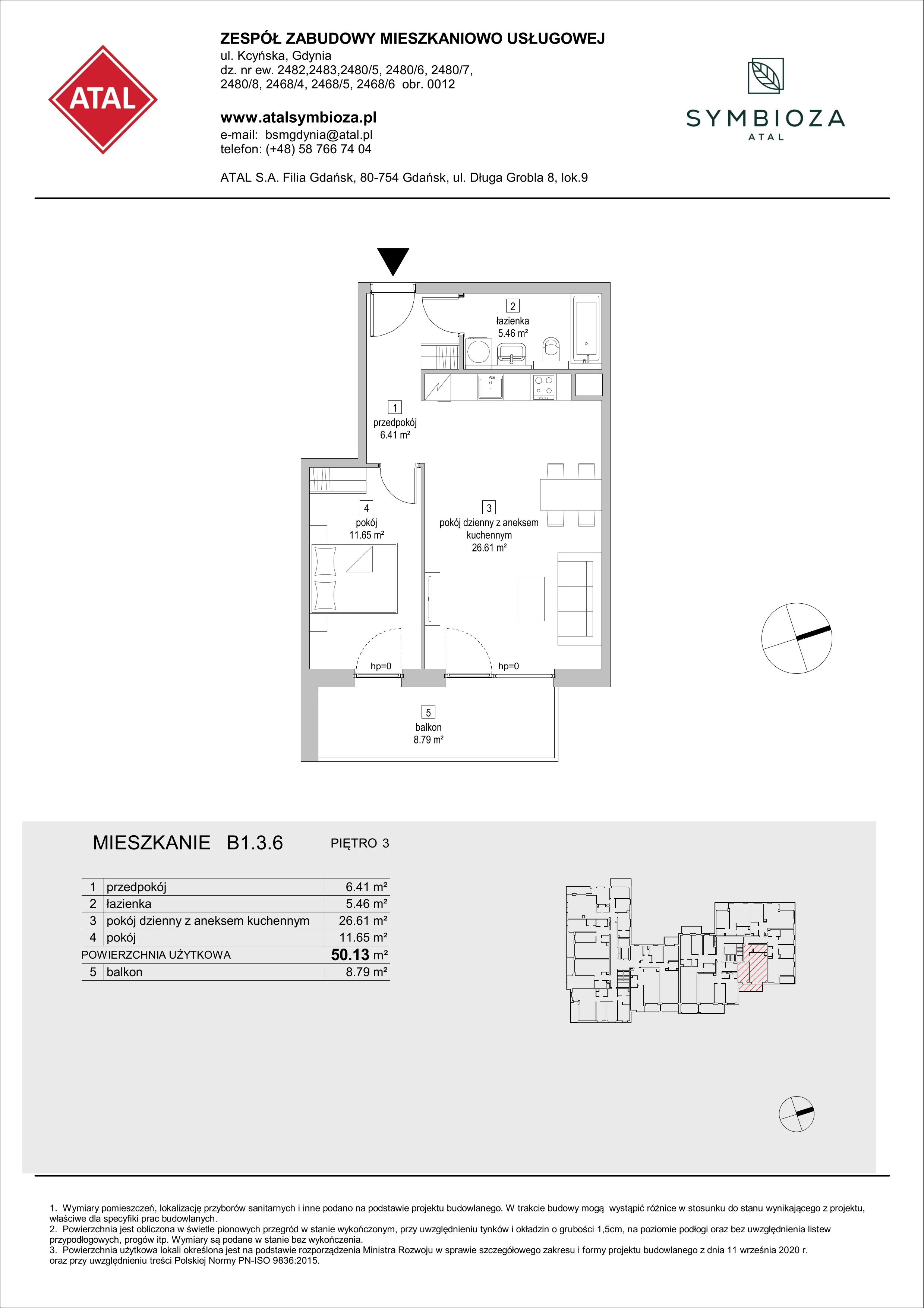 2 pokoje, mieszkanie 50,13 m², piętro 3, oferta nr B1.3.6, ATAL Symbioza, Gdynia, Cisowa, ul. Kcyńska