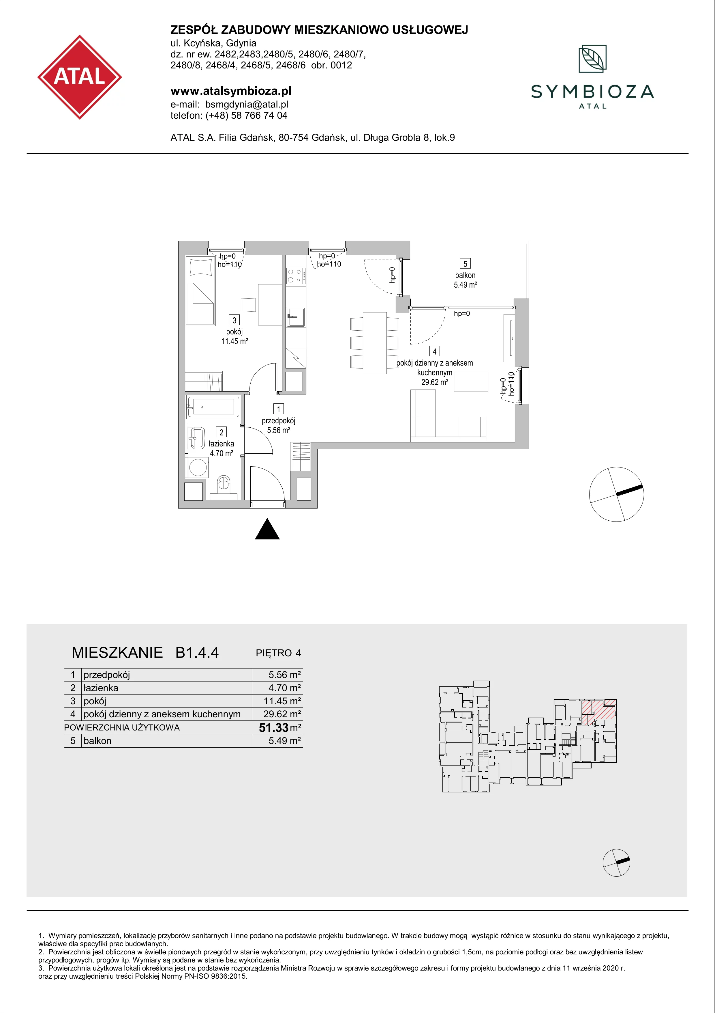 2 pokoje, mieszkanie 51,33 m², piętro 4, oferta nr B1.4.4, ATAL Symbioza, Gdynia, Cisowa, ul. Kcyńska