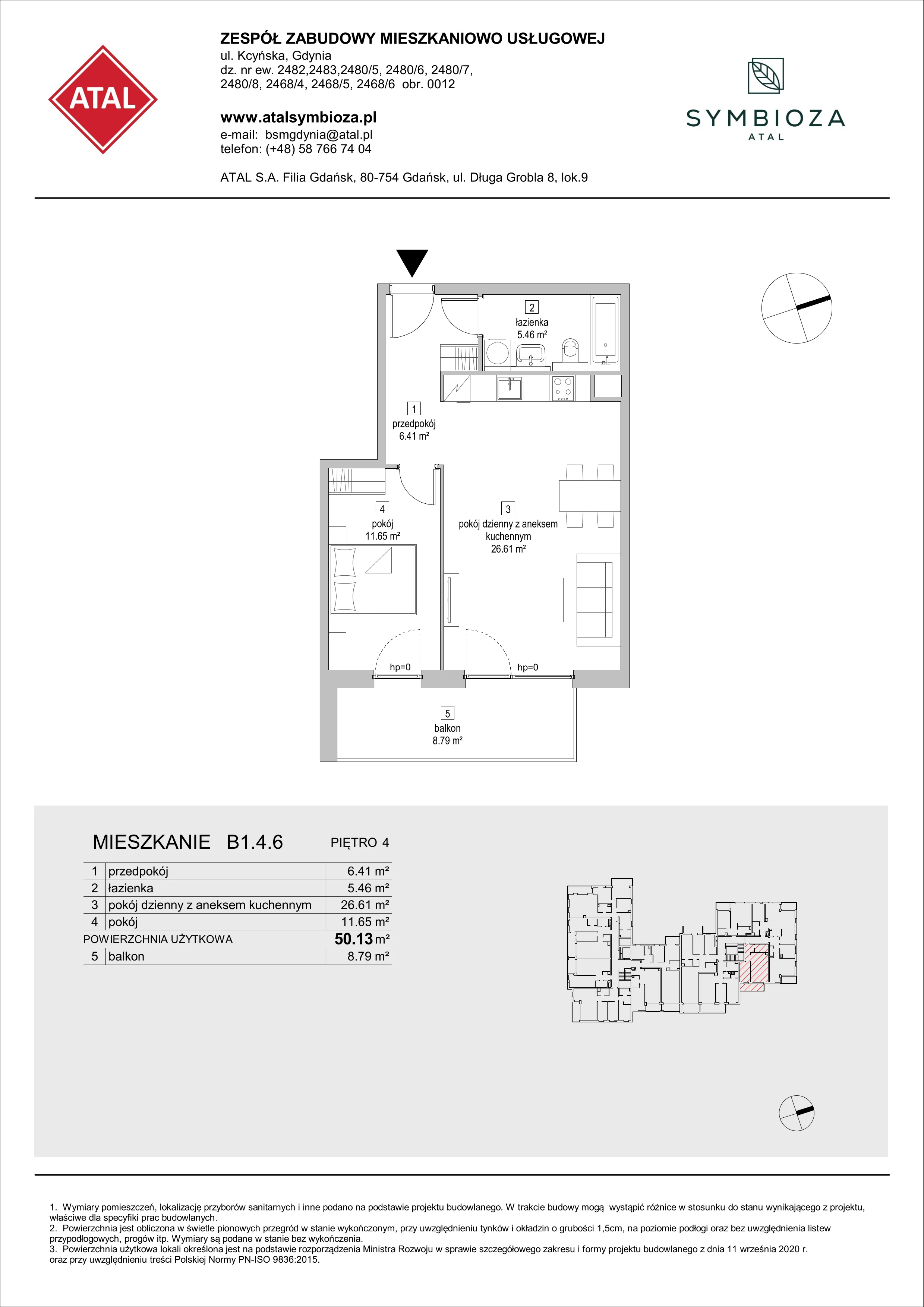 2 pokoje, mieszkanie 50,13 m², piętro 4, oferta nr B1.4.6, ATAL Symbioza, Gdynia, Cisowa, ul. Kcyńska