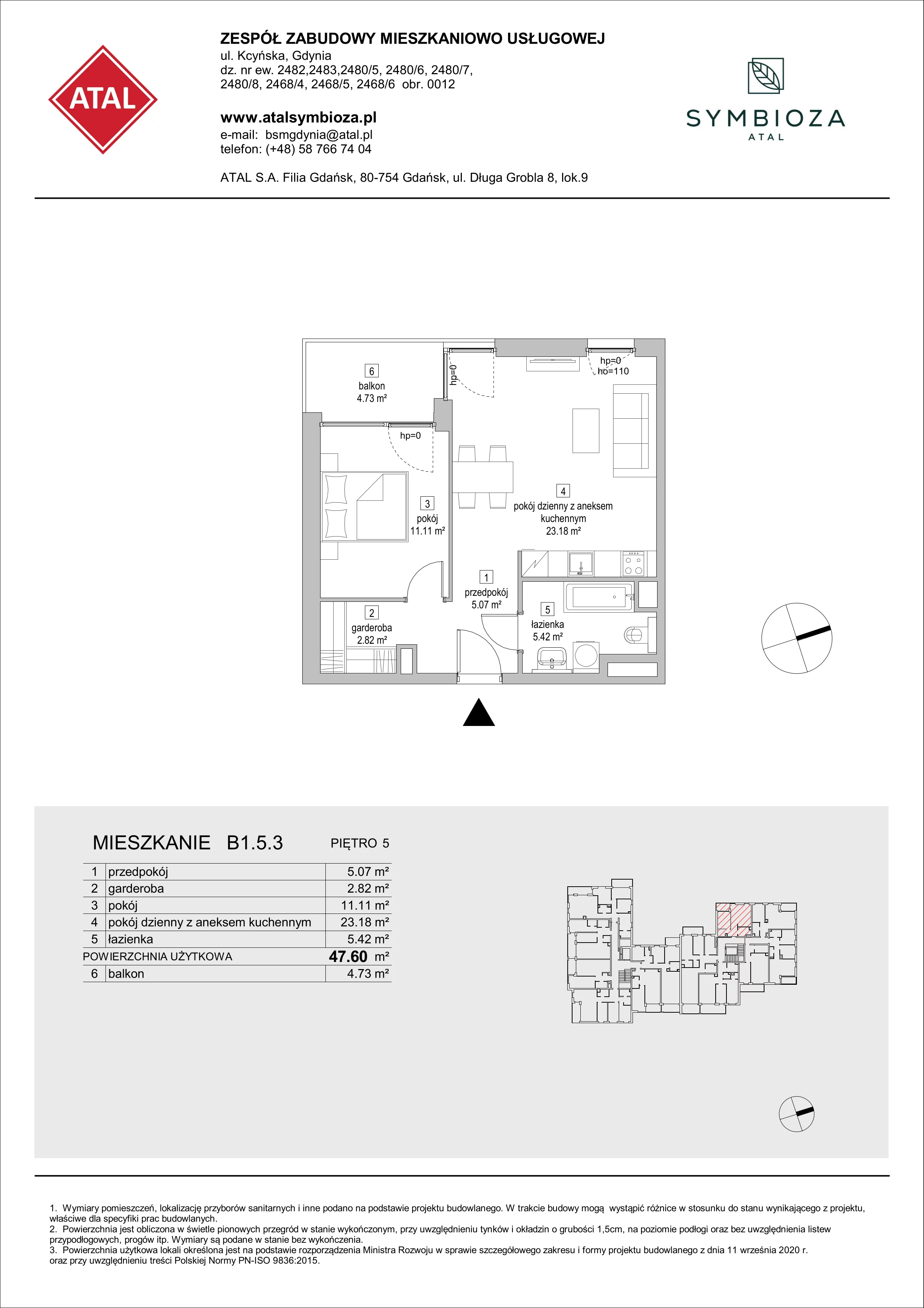 2 pokoje, mieszkanie 47,60 m², piętro 5, oferta nr B1.5.3, ATAL Symbioza, Gdynia, Cisowa, ul. Kcyńska