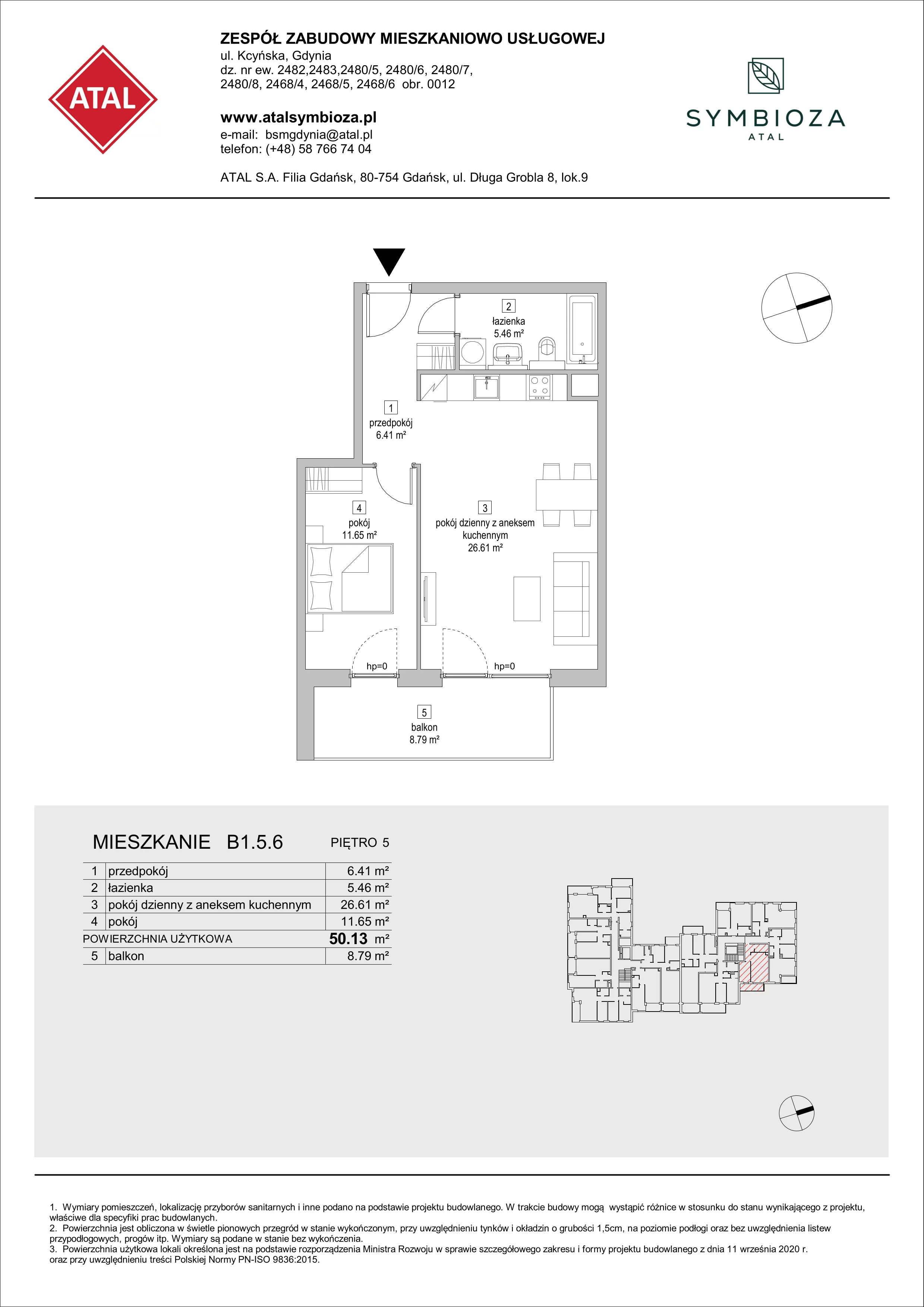 2 pokoje, mieszkanie 50,13 m², piętro 5, oferta nr B1.5.6, ATAL Symbioza, Gdynia, Cisowa, ul. Kcyńska