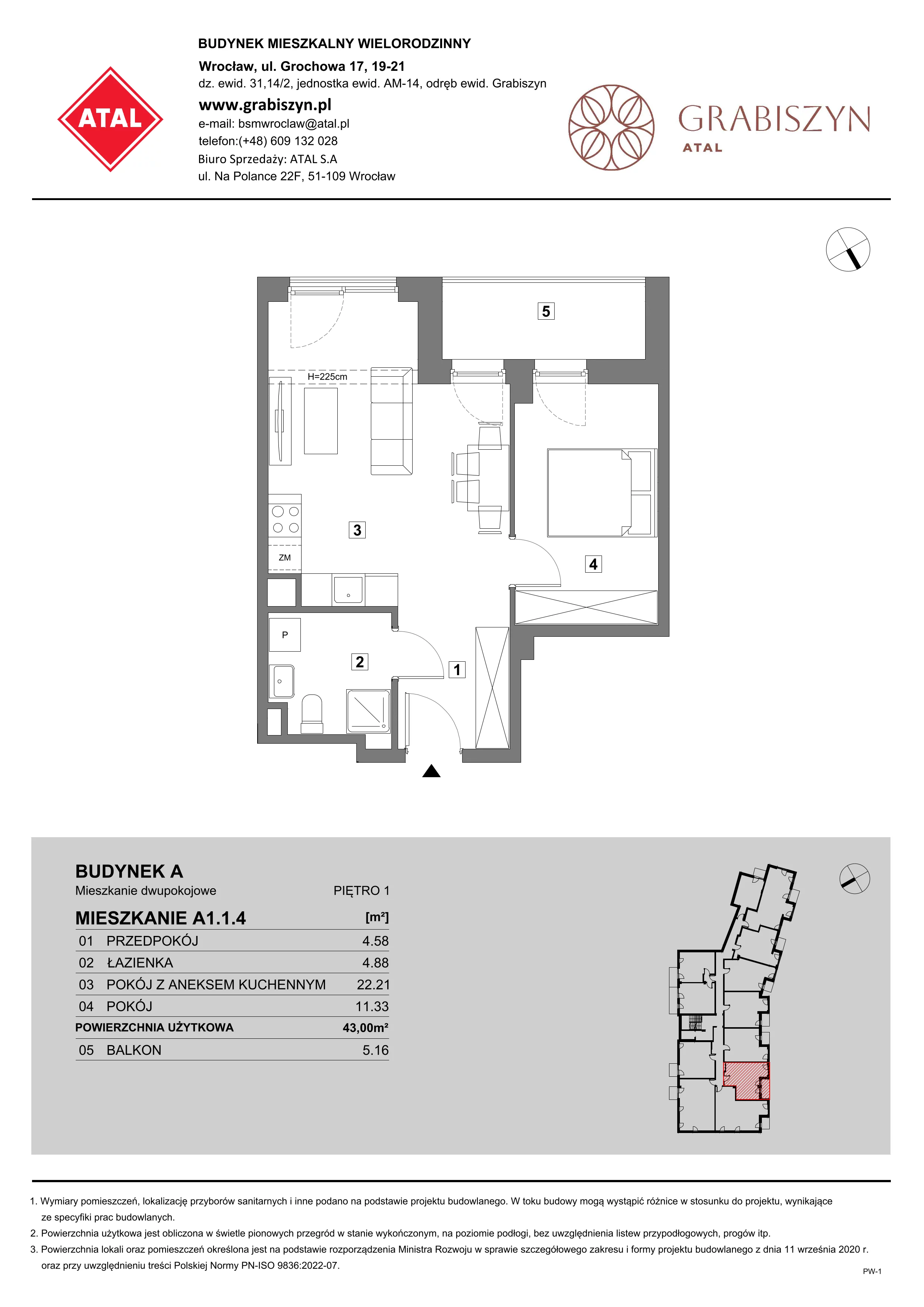 2 pokoje, mieszkanie 43,00 m², piętro 1, oferta nr A1.1.4, ATAL Grabiszyn, Wrocław, Gajowice, Fabryczna, ul. Grochowa