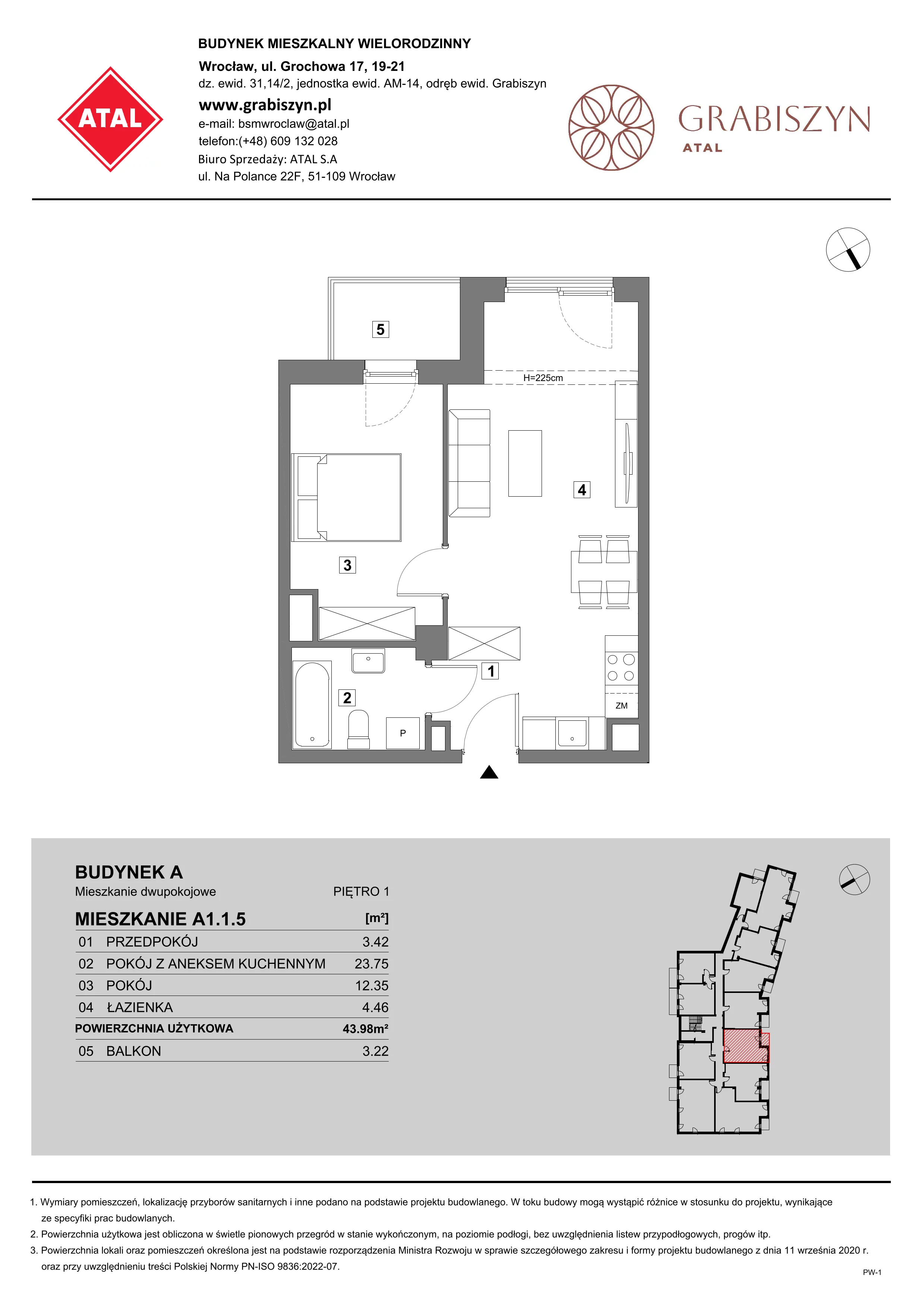 2 pokoje, mieszkanie 43,98 m², piętro 1, oferta nr A1.1.5, ATAL Grabiszyn, Wrocław, Gajowice, Fabryczna, ul. Grochowa