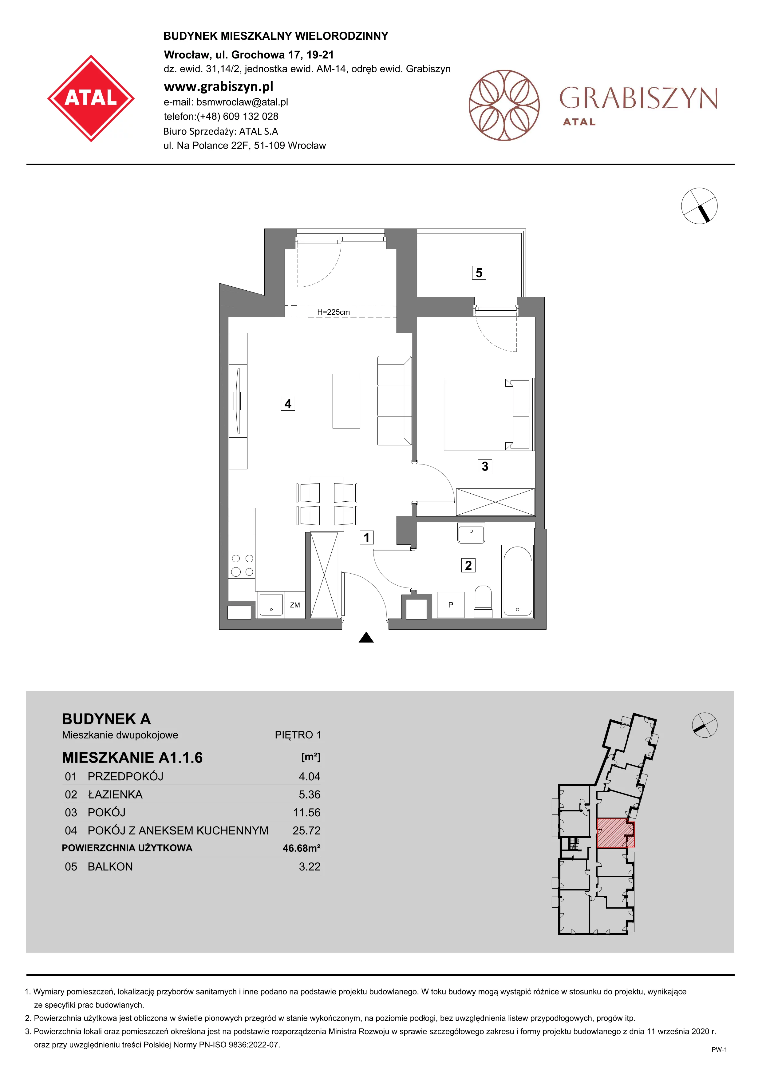 2 pokoje, mieszkanie 46,68 m², piętro 1, oferta nr A1.1.6, ATAL Grabiszyn, Wrocław, Gajowice, Fabryczna, ul. Grochowa