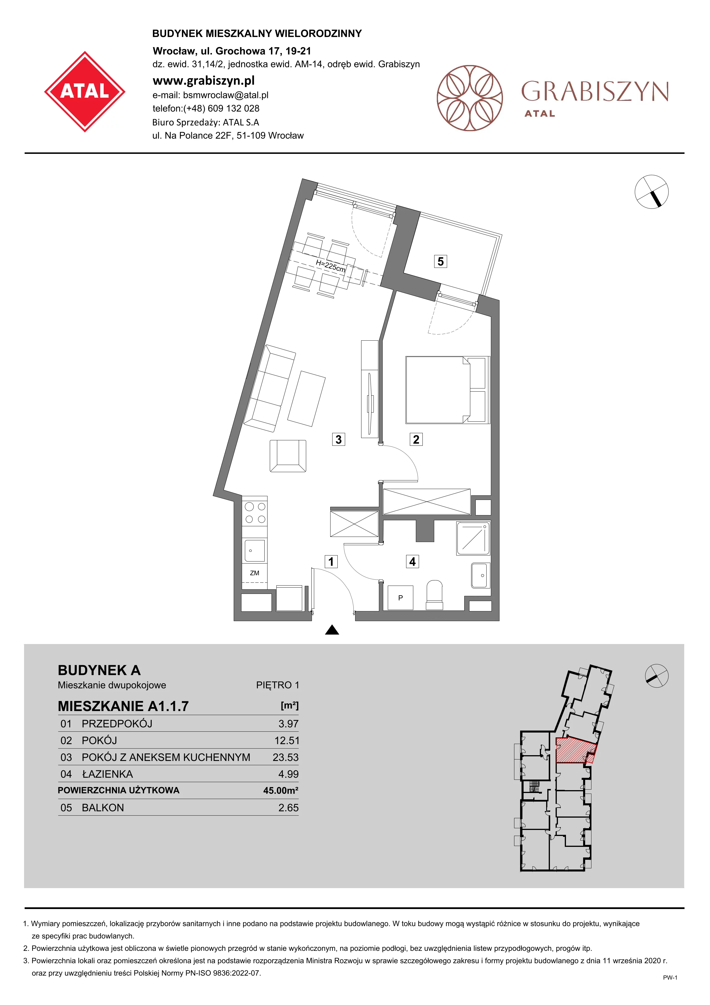2 pokoje, mieszkanie 45,00 m², piętro 1, oferta nr A1.1.7, ATAL Grabiszyn, Wrocław, Gajowice, Fabryczna, ul. Grochowa