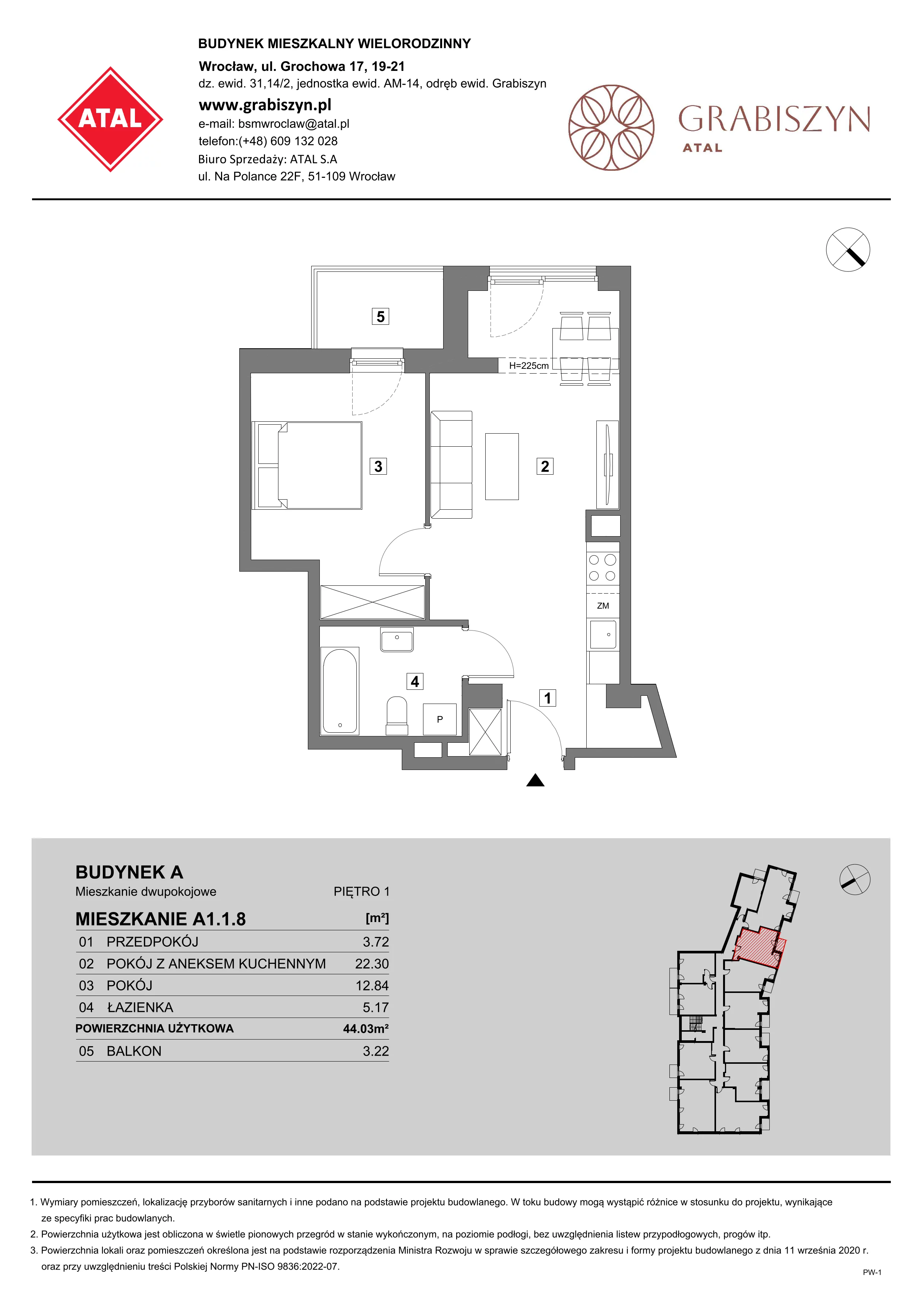 2 pokoje, mieszkanie 44,03 m², piętro 1, oferta nr A1.1.8, ATAL Grabiszyn, Wrocław, Gajowice, Fabryczna, ul. Grochowa