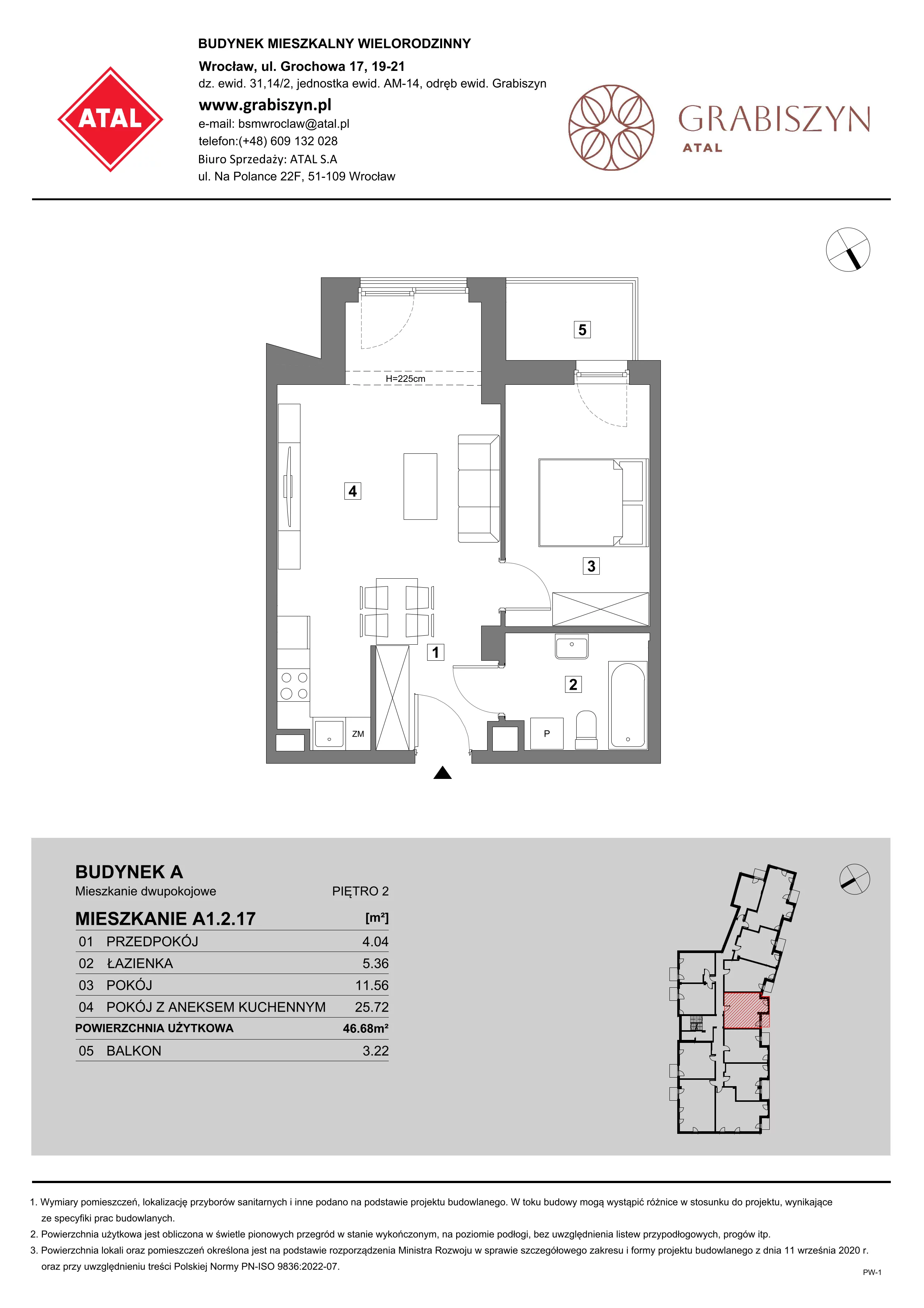 2 pokoje, mieszkanie 46,68 m², piętro 2, oferta nr A1.2.17, ATAL Grabiszyn, Wrocław, Gajowice, Fabryczna, ul. Grochowa