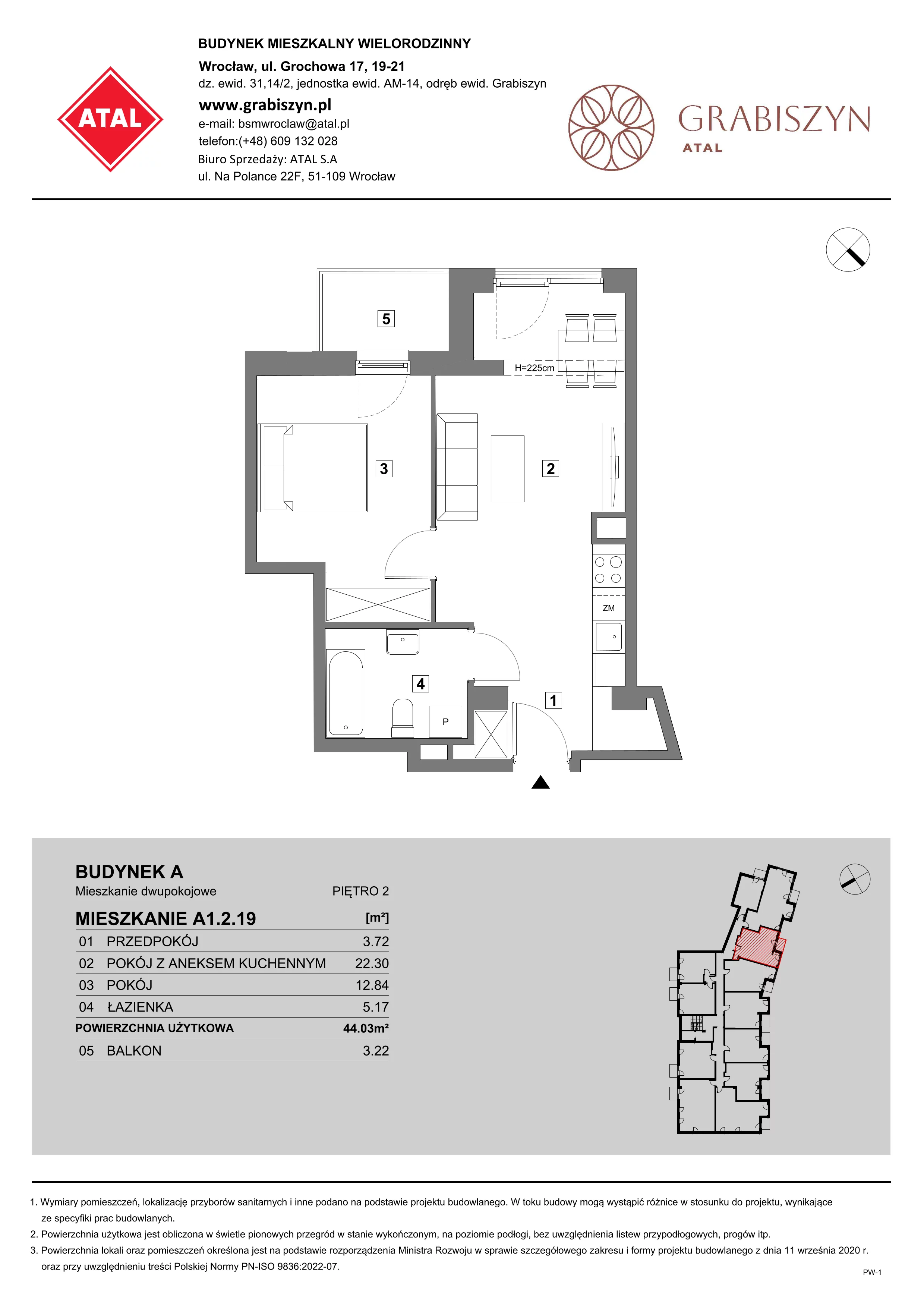 2 pokoje, mieszkanie 44,03 m², piętro 2, oferta nr A1.2.19, ATAL Grabiszyn, Wrocław, Gajowice, Fabryczna, ul. Grochowa