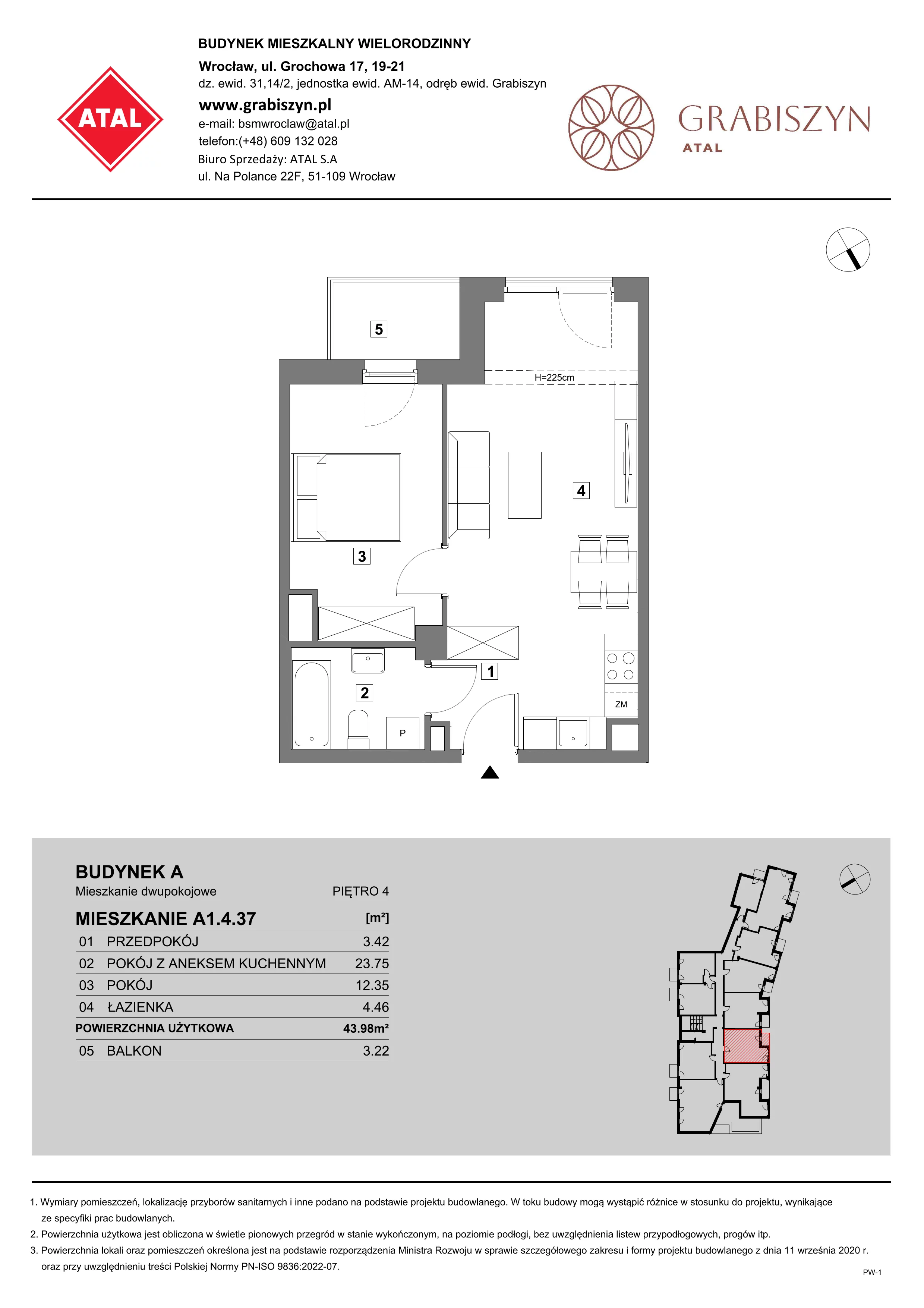 2 pokoje, mieszkanie 43,98 m², piętro 4, oferta nr A1.4.37, ATAL Grabiszyn, Wrocław, Gajowice, Fabryczna, ul. Grochowa