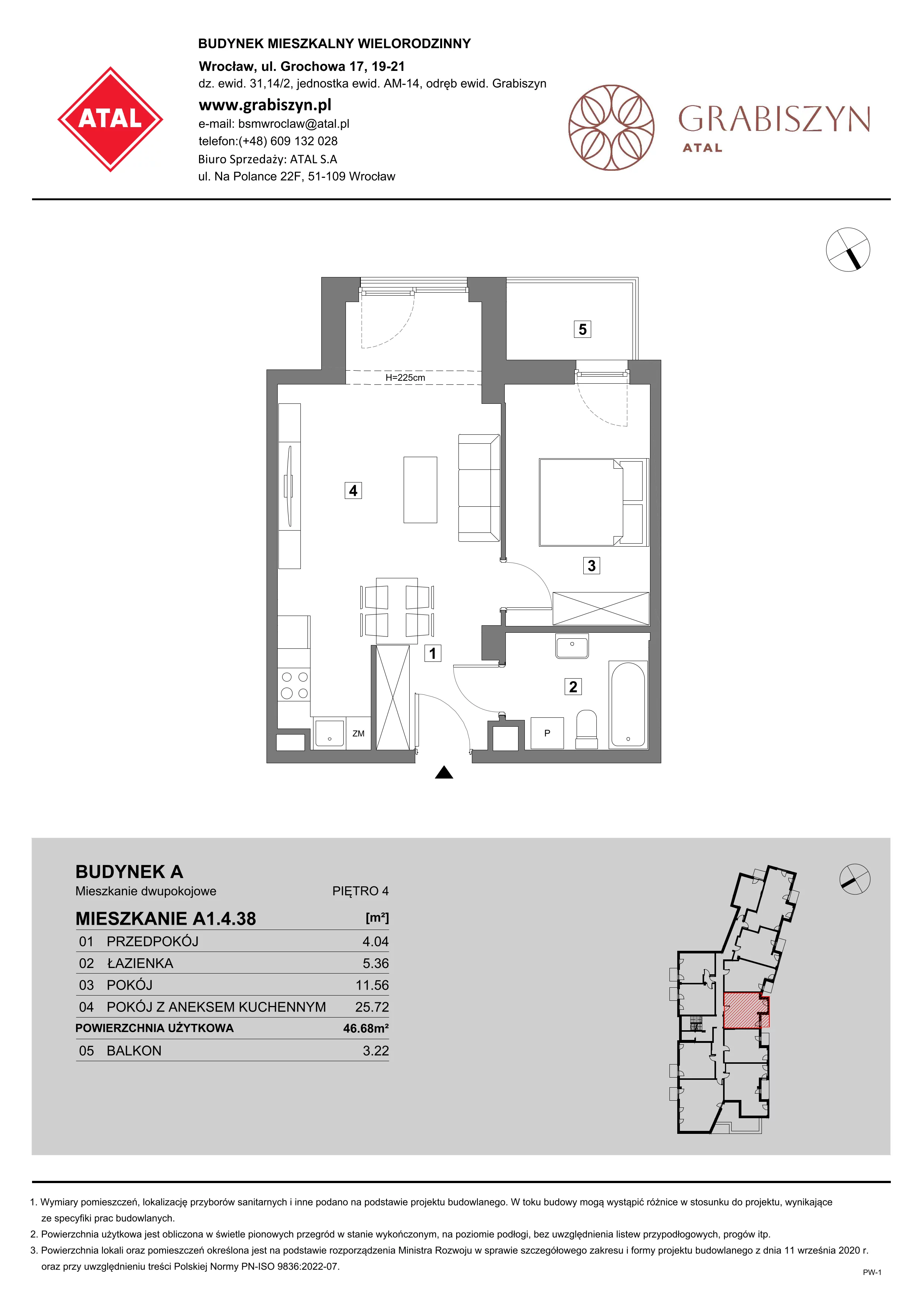 2 pokoje, mieszkanie 46,68 m², piętro 4, oferta nr A1.4.38, ATAL Grabiszyn, Wrocław, Gajowice, Fabryczna, ul. Grochowa
