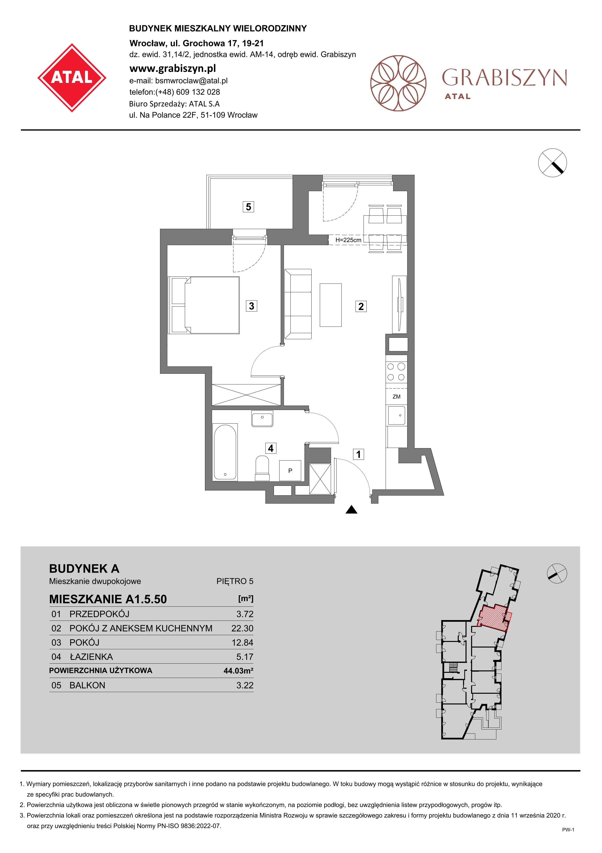 2 pokoje, mieszkanie 44,03 m², piętro 5, oferta nr A1.5.50, ATAL Grabiszyn, Wrocław, Gajowice, Fabryczna, ul. Grochowa