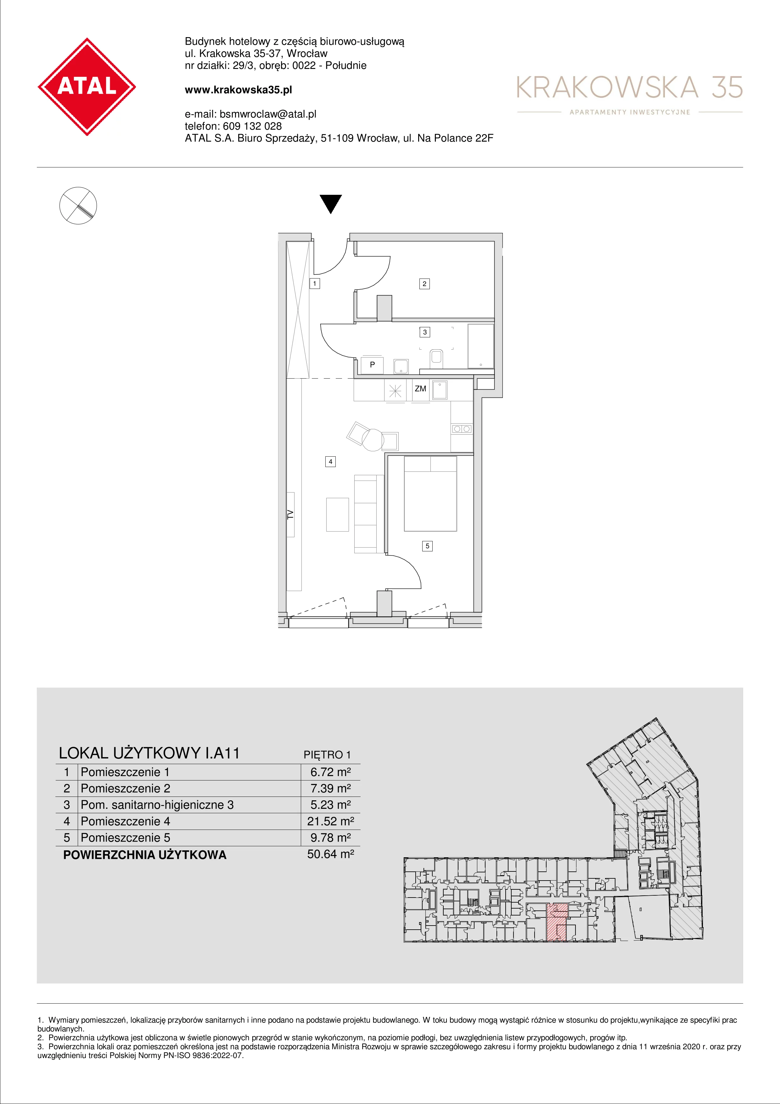 Mieszkanie 50,64 m², piętro 1, oferta nr I.A.11, Krakowska 35, Wrocław, Przedmieście Oławskie, Krzyki, ul. Krakowska