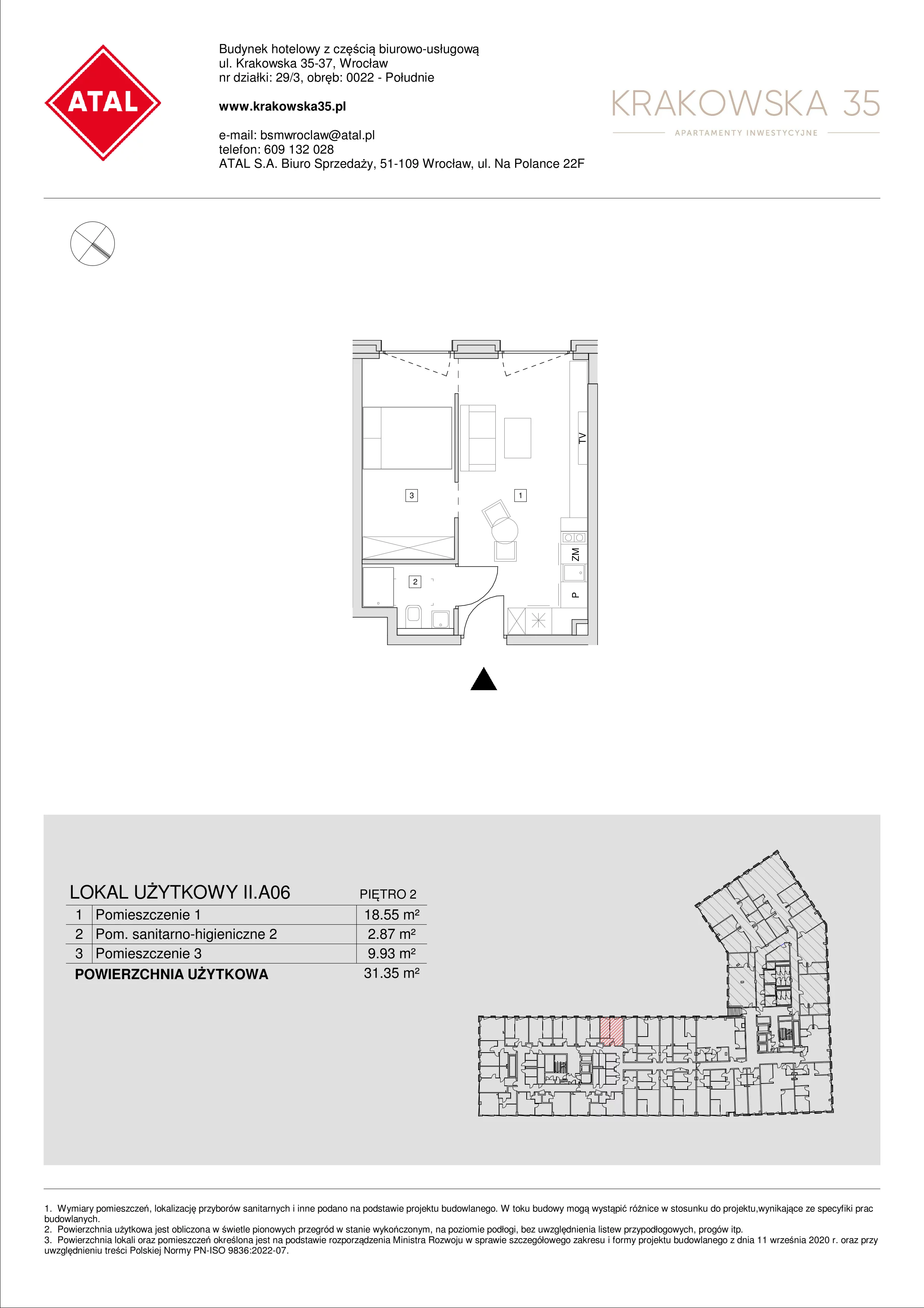 Mieszkanie 31,35 m², piętro 2, oferta nr II.A.06, Krakowska 35, Wrocław, Przedmieście Oławskie, Krzyki, ul. Krakowska