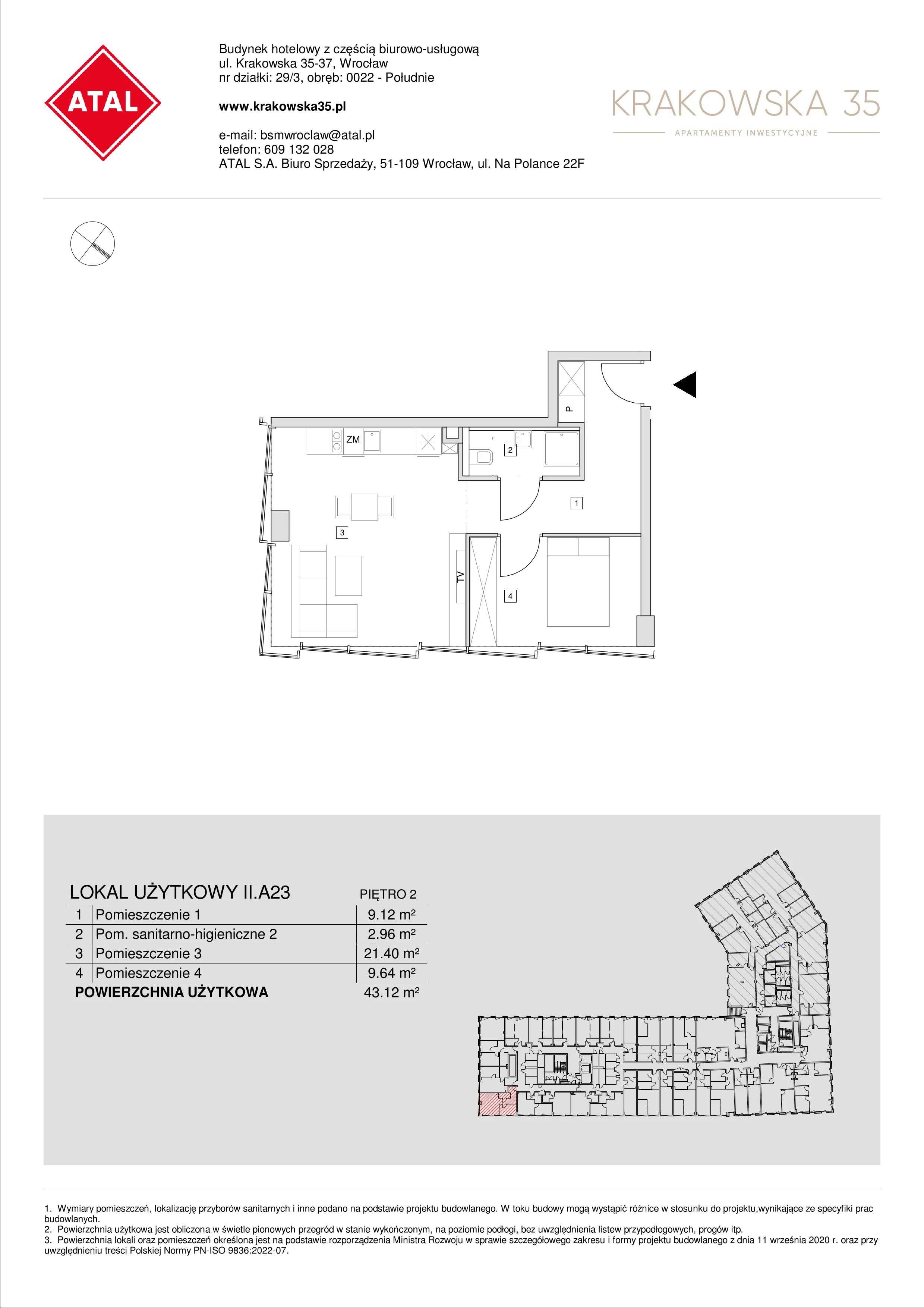 Apartament inwestycyjny 43,12 m², piętro 2, oferta nr II.A.23, Krakowska 35, Wrocław, Przedmieście Oławskie, Krzyki, ul. Krakowska