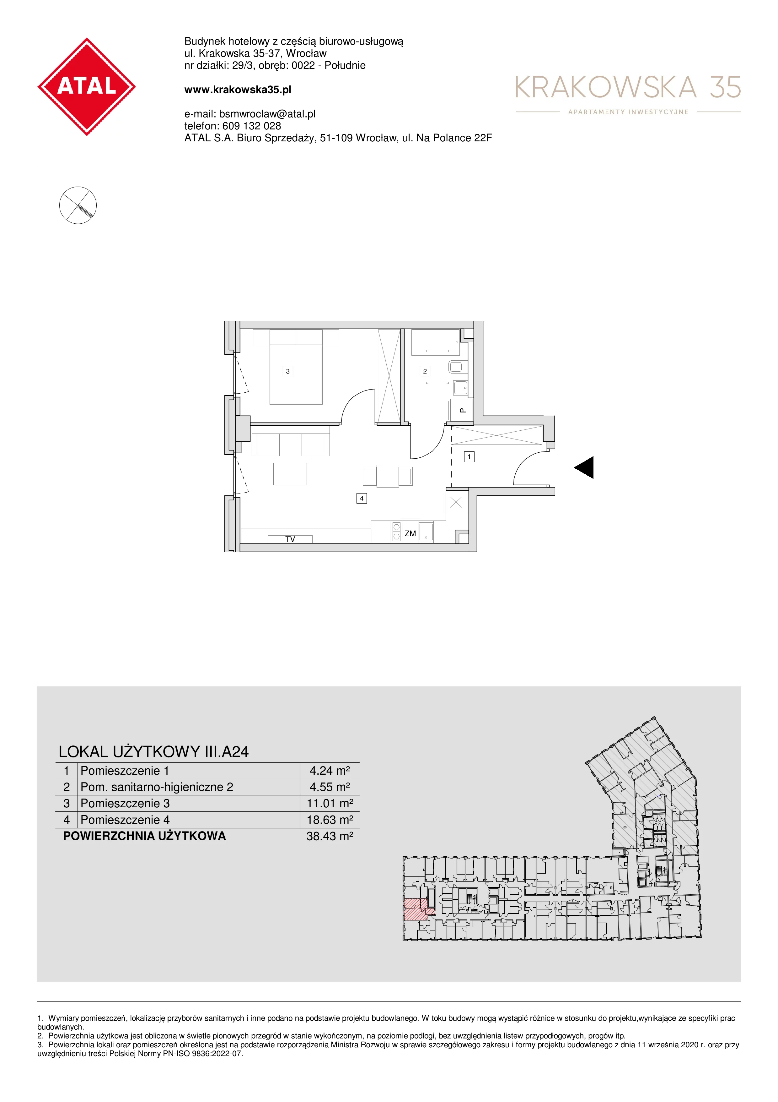 Apartament inwestycyjny 38,43 m², piętro 3, oferta nr III.A.24, Krakowska 35, Wrocław, Przedmieście Oławskie, Krzyki, ul. Krakowska