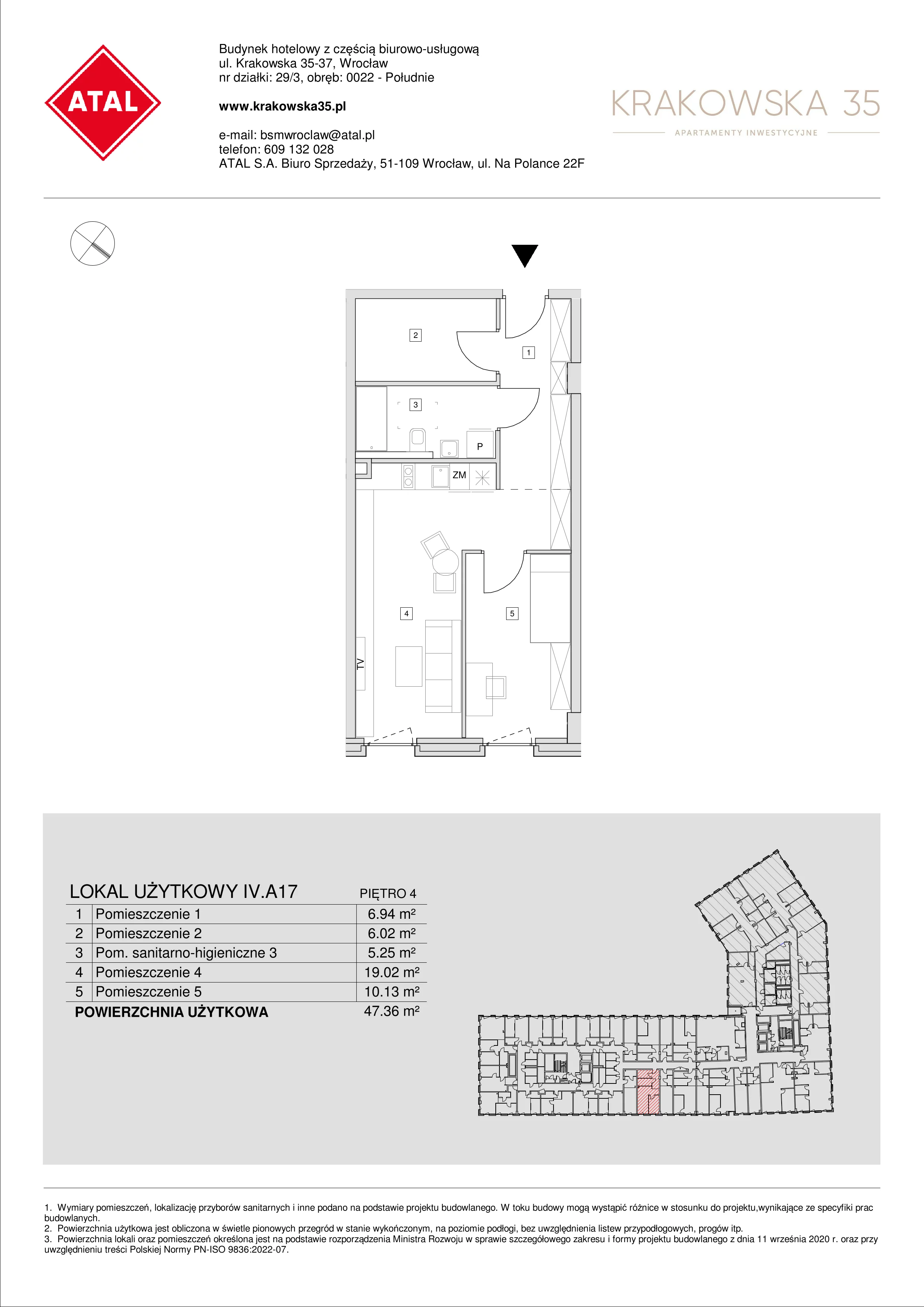 Mieszkanie 47,36 m², piętro 4, oferta nr IV.A.17, Krakowska 35, Wrocław, Przedmieście Oławskie, Krzyki, ul. Krakowska