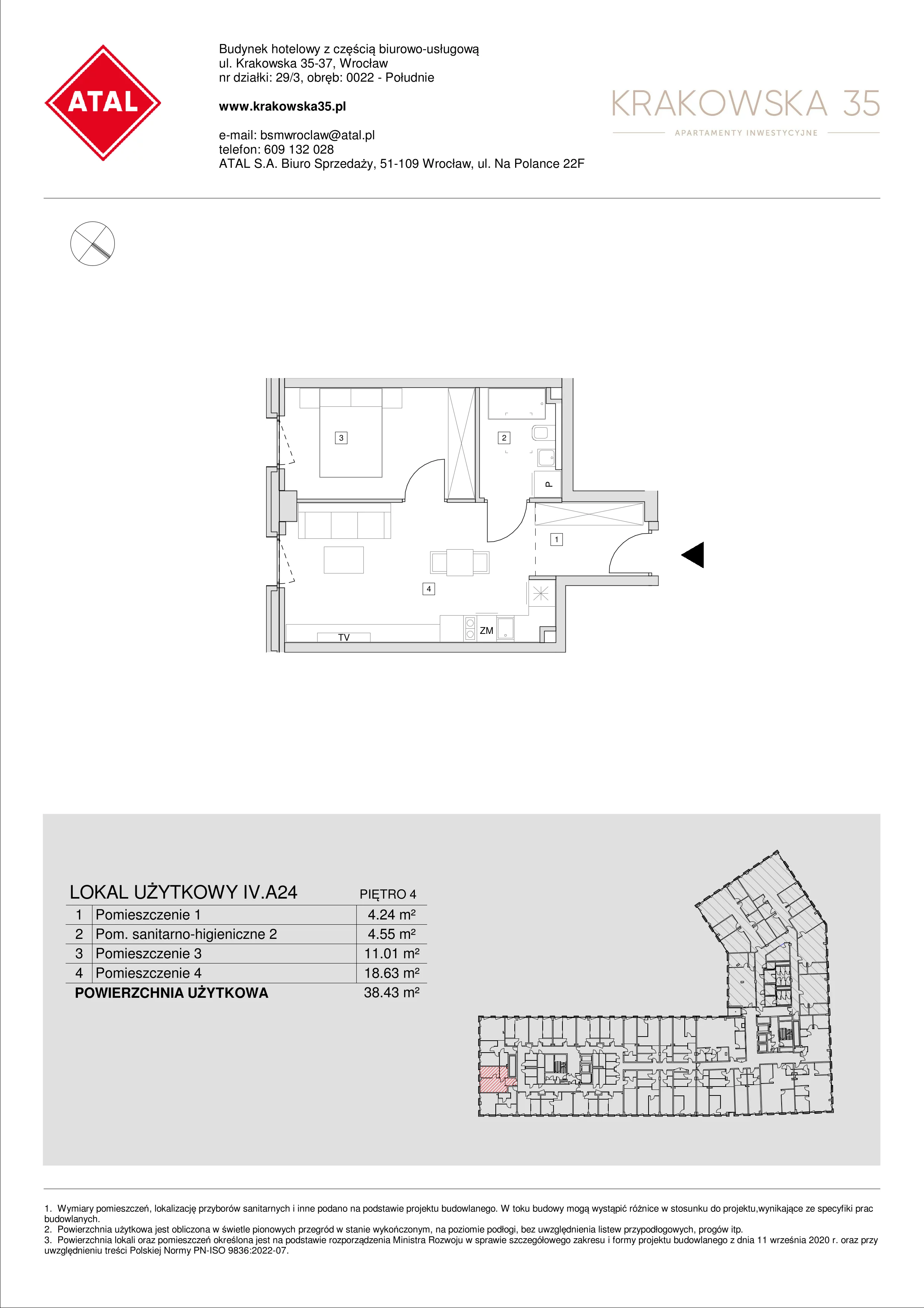 Apartament inwestycyjny 38,43 m², piętro 4, oferta nr IV.A.24, Krakowska 35, Wrocław, Przedmieście Oławskie, Krzyki, ul. Krakowska