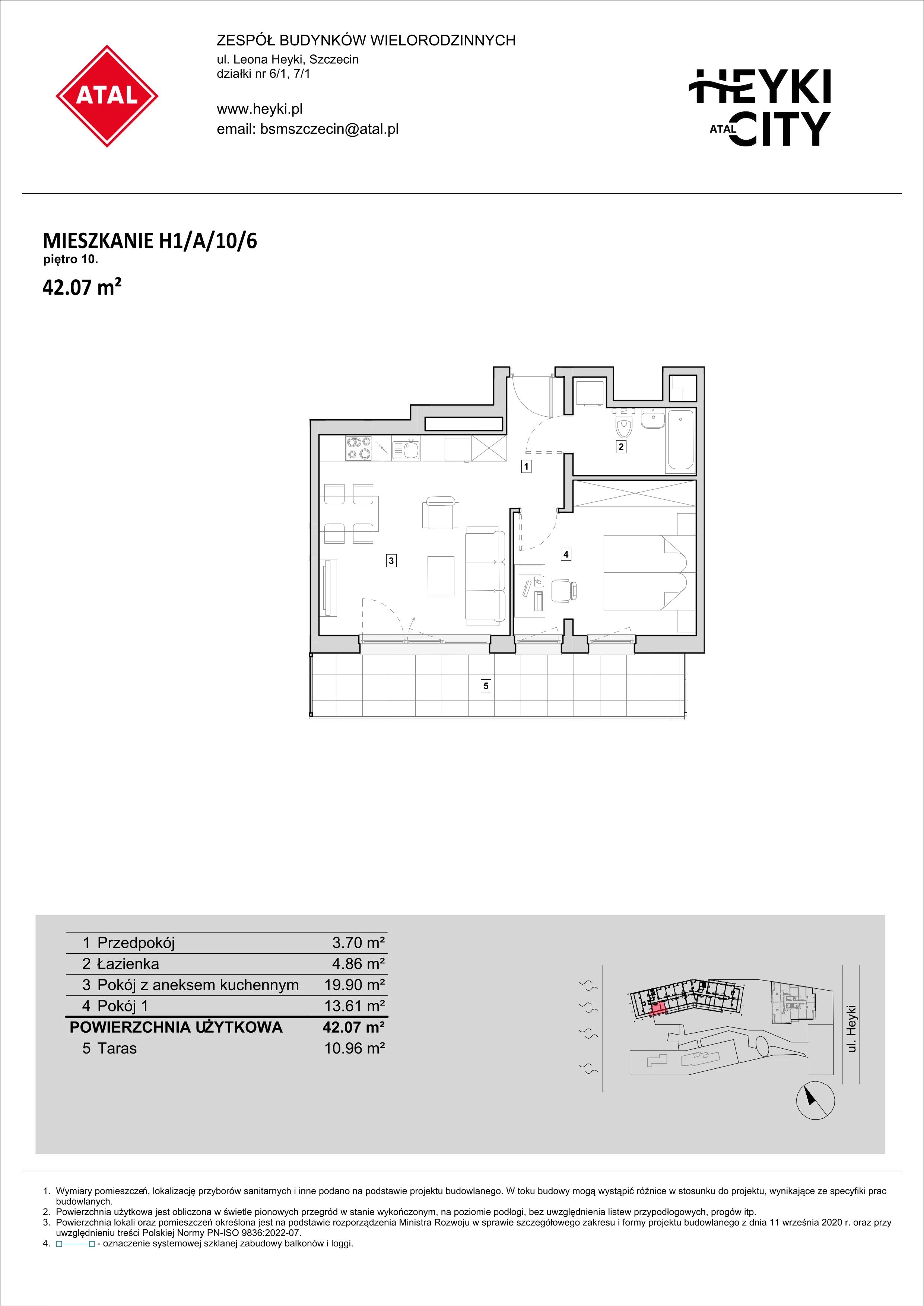 Apartament 42,07 m², piętro 10, oferta nr H1-A-10-6, Heyki City ATAL, Szczecin, Prawobrzeże, Międzyodrze, ul. Leona Heyki