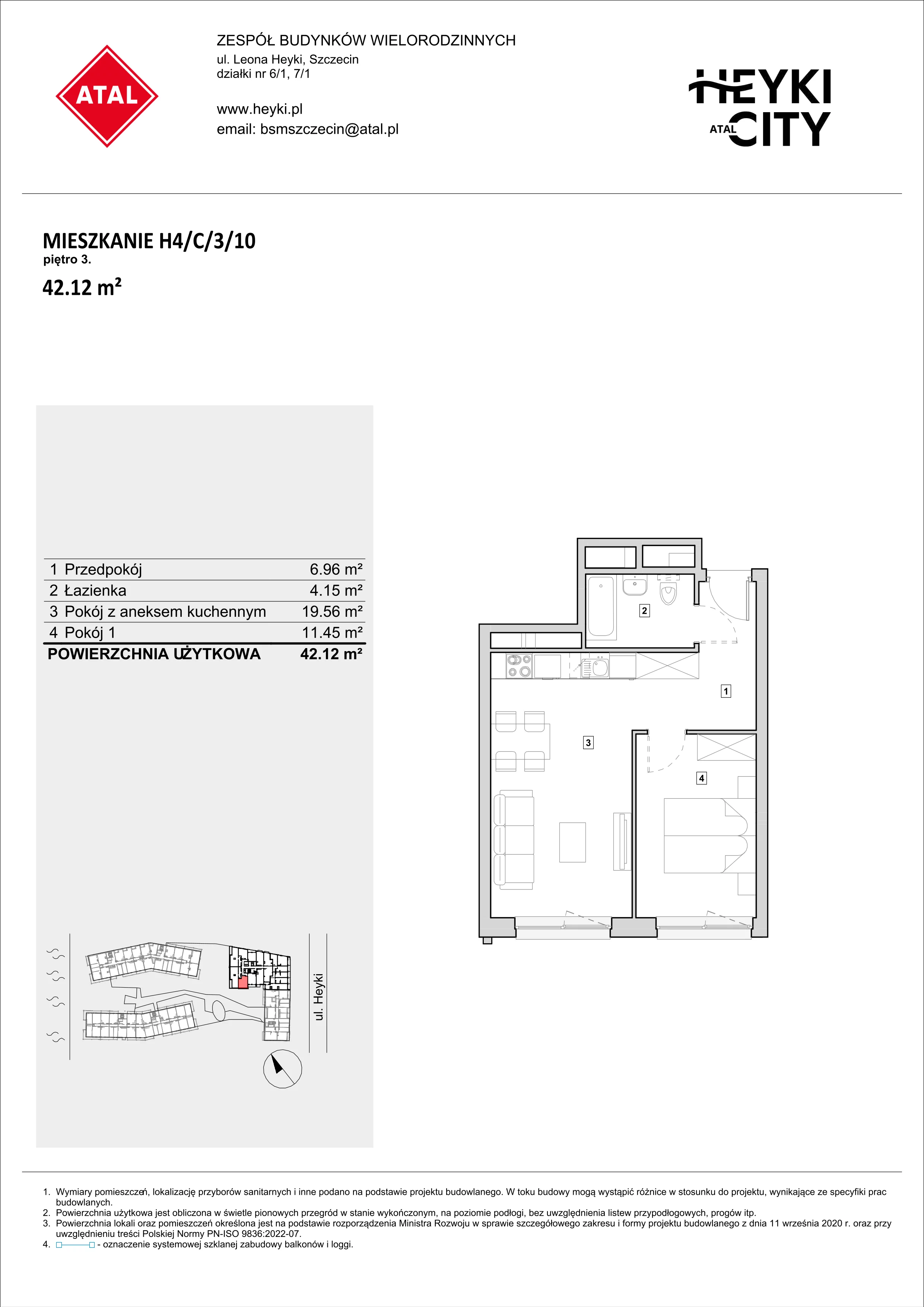 Apartament 42,12 m², piętro 3, oferta nr H4-C-3-10, Heyki City ATAL, Szczecin, Prawobrzeże, Międzyodrze, ul. Leona Heyki