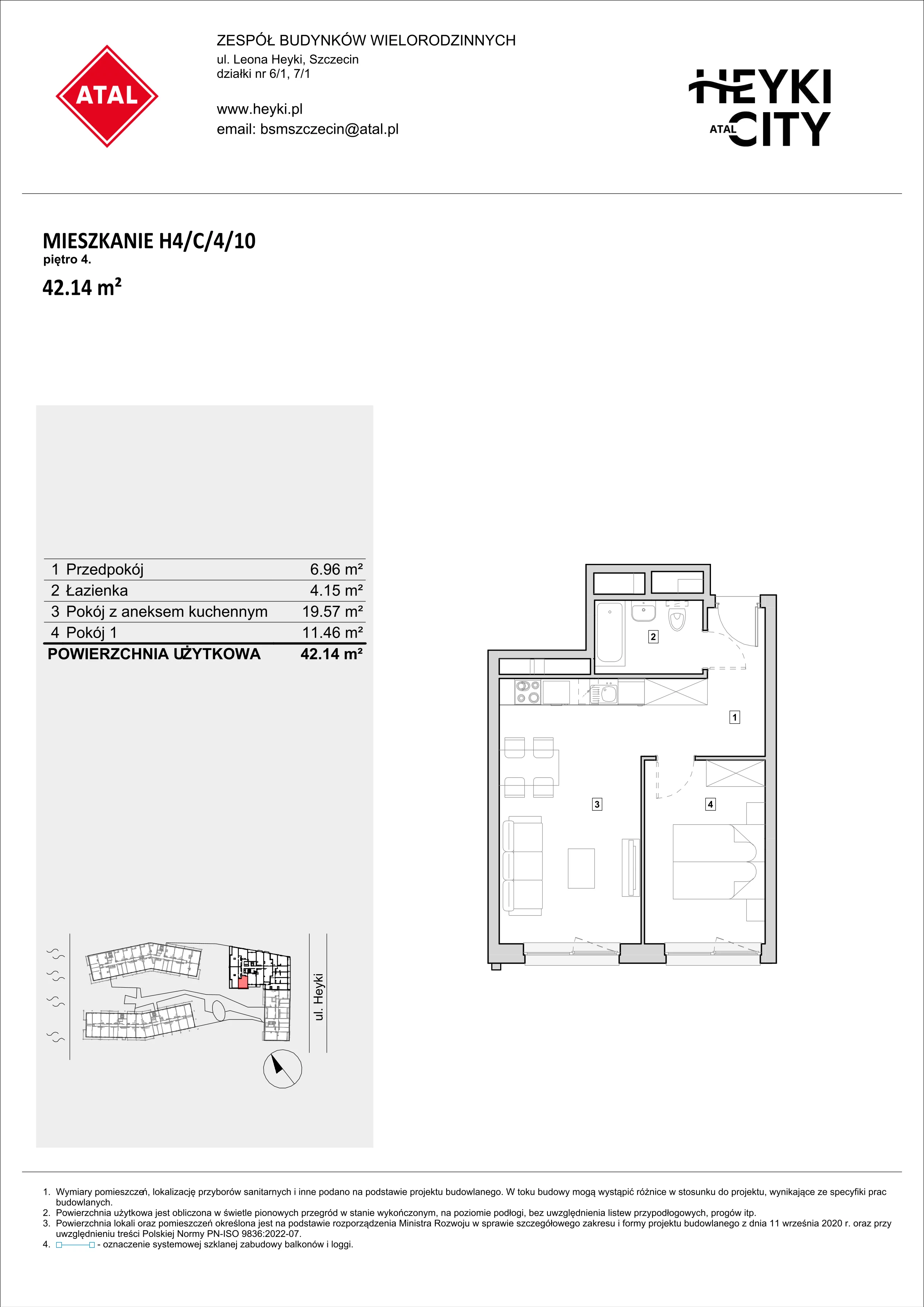 Apartament 42,14 m², piętro 4, oferta nr H4-C-4-10, Heyki City ATAL, Szczecin, Prawobrzeże, Międzyodrze, ul. Leona Heyki