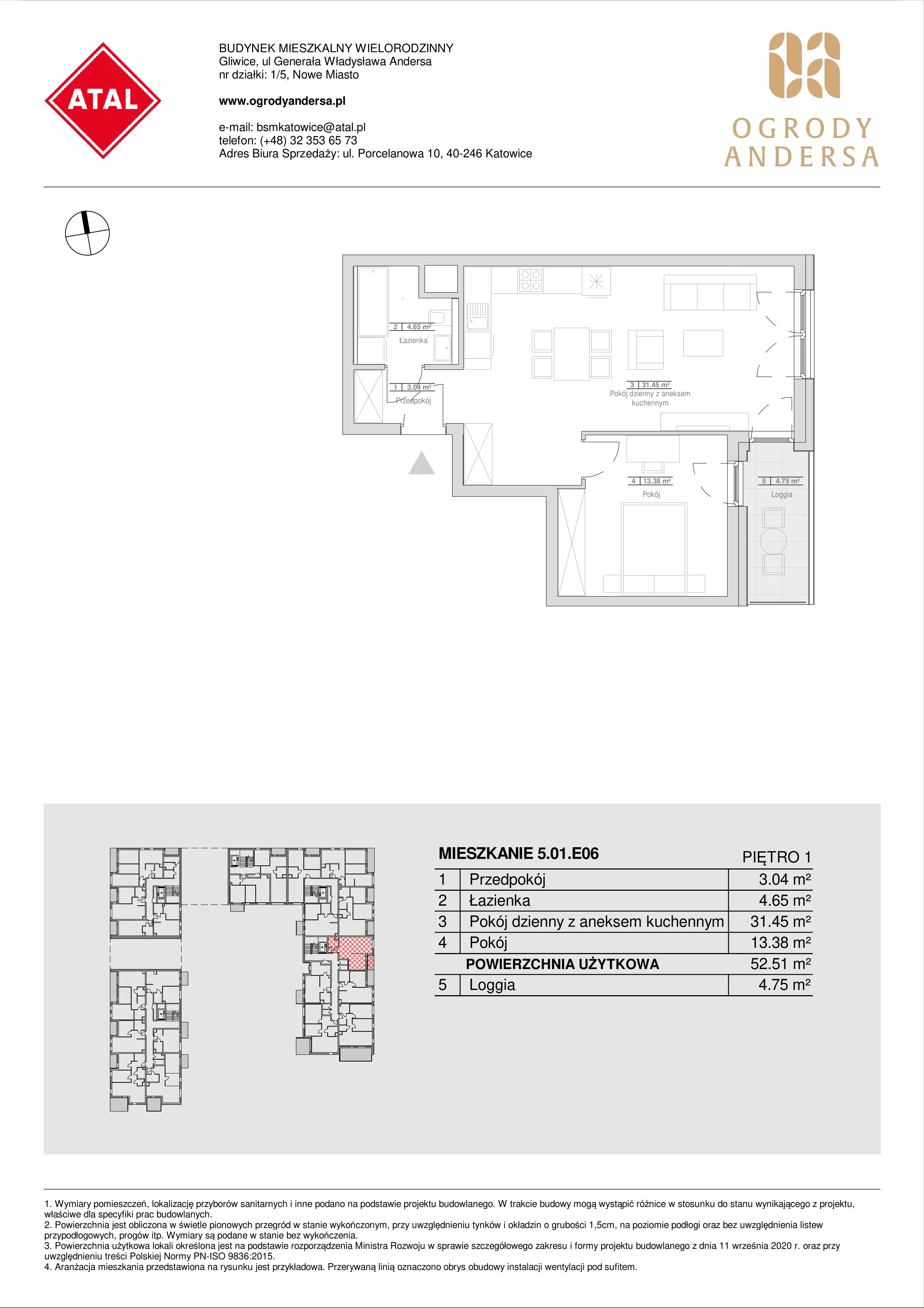 Mieszkanie 52,51 m², piętro 1, oferta nr 5.01.E06, Ogrody Andersa, Gliwice, Wojska Polskiego, ul. Leopolda Okulickiego