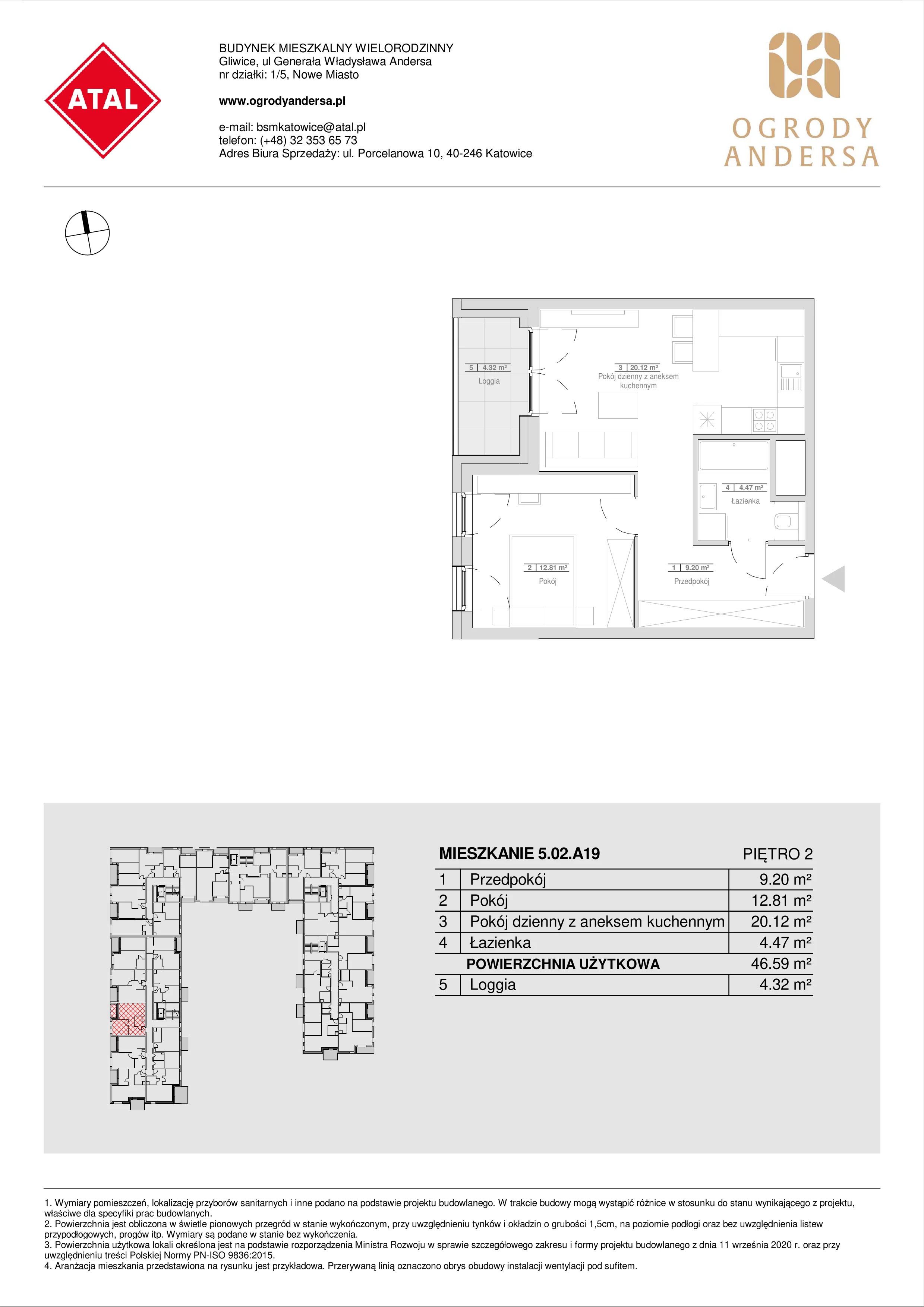 Mieszkanie 46,59 m², piętro 2, oferta nr 5.02.A19, Ogrody Andersa, Gliwice, Wojska Polskiego, ul. Leopolda Okulickiego