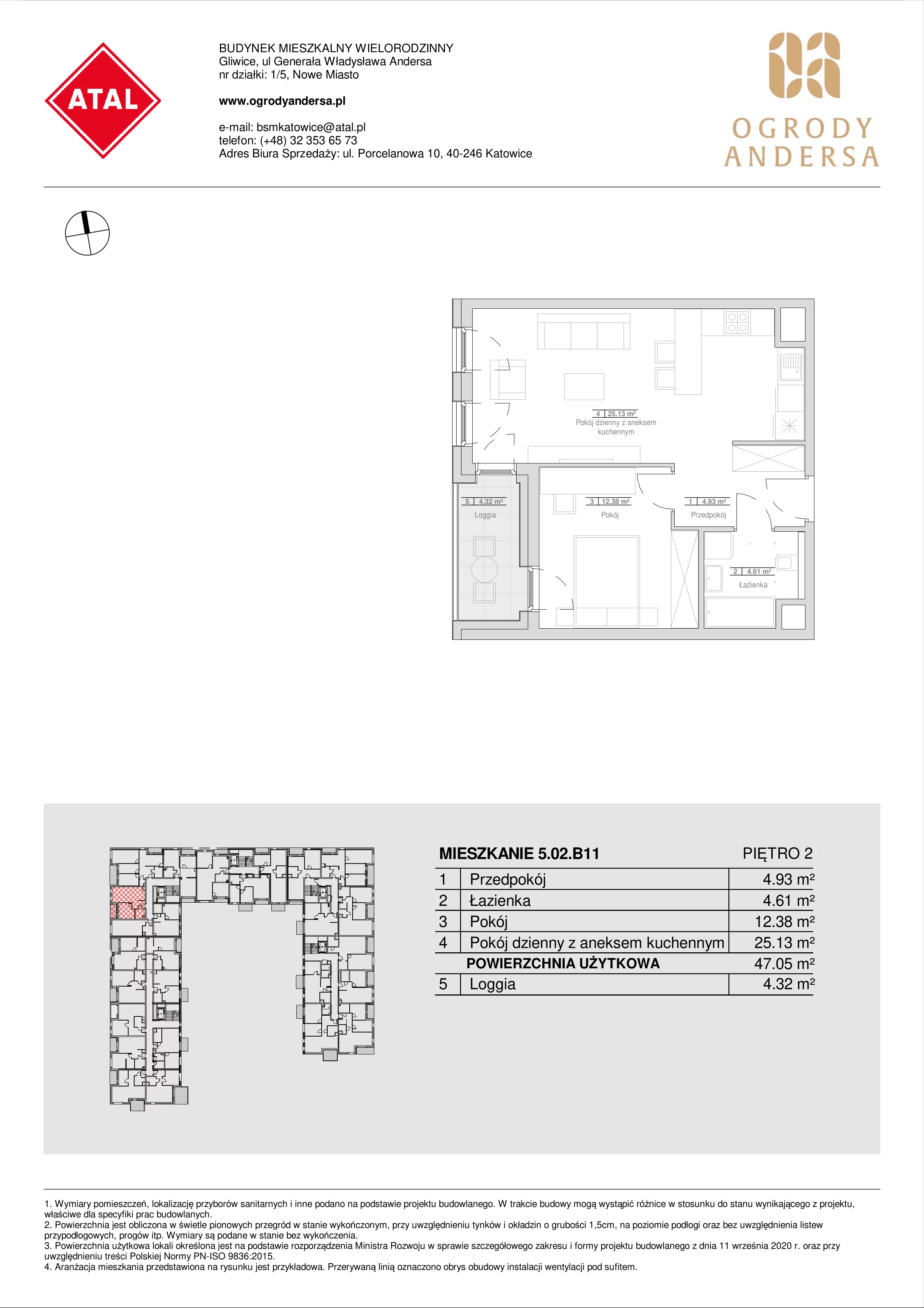 Mieszkanie 47,05 m², piętro 2, oferta nr 5.02.B11, Ogrody Andersa, Gliwice, Wojska Polskiego, ul. Leopolda Okulickiego