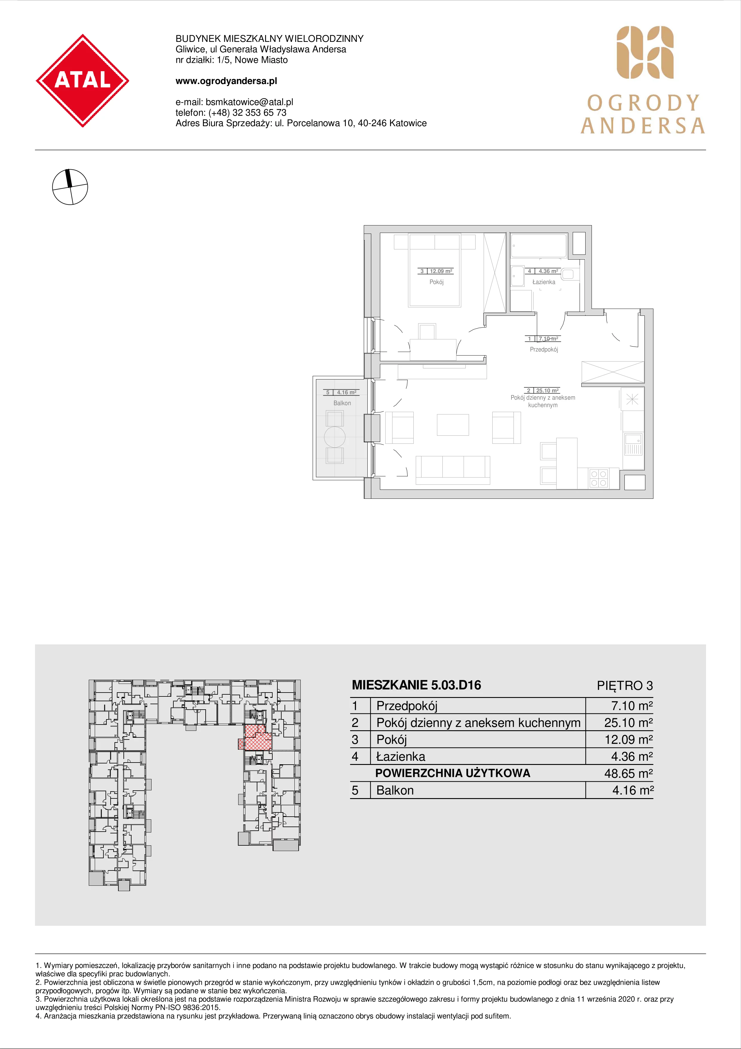 Mieszkanie 48,65 m², piętro 3, oferta nr 5.03.D16, Ogrody Andersa, Gliwice, Wojska Polskiego, ul. Leopolda Okulickiego