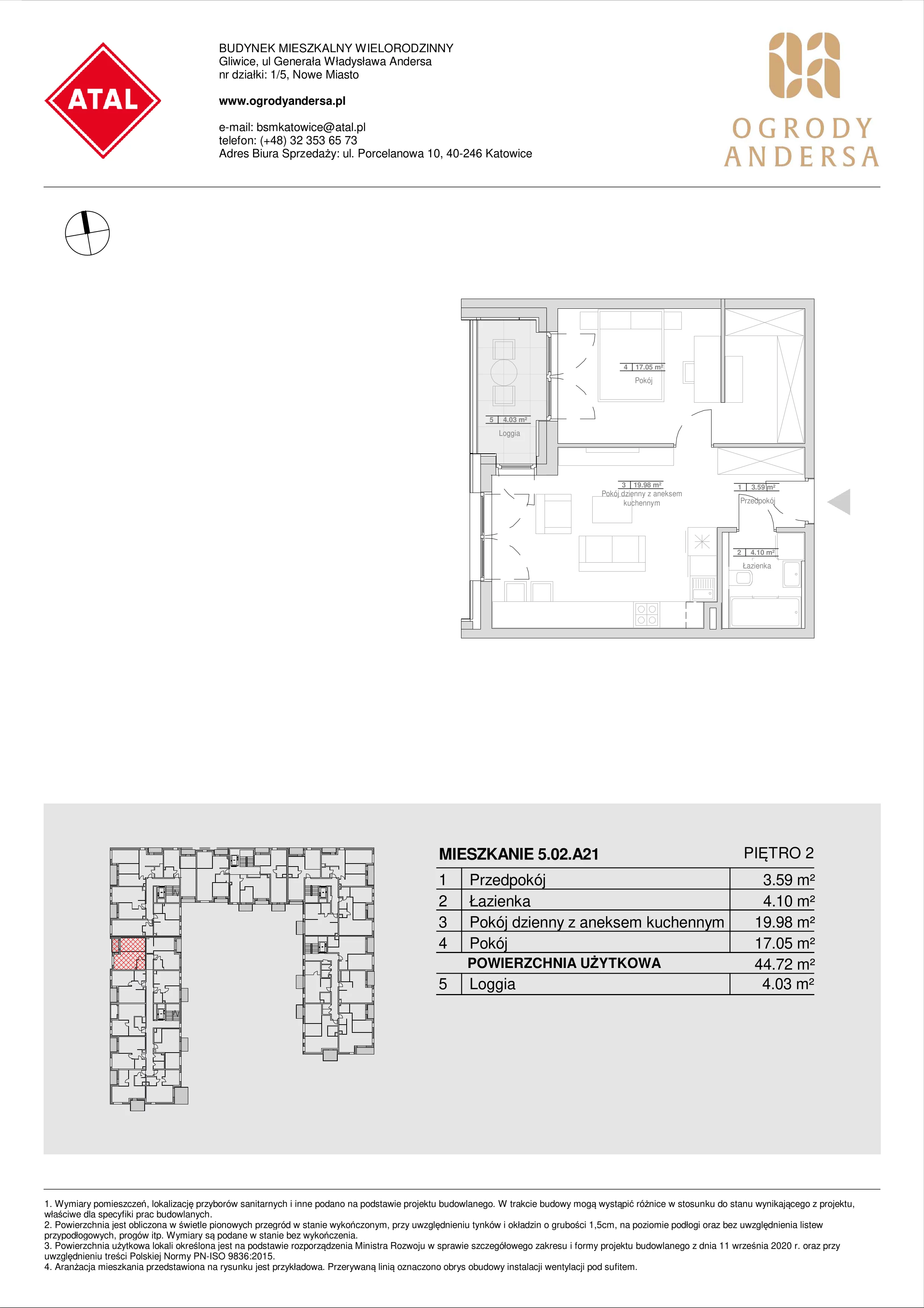 2 pokoje, mieszkanie 44,66 m², piętro 2, oferta nr 5.02.A21, Ogrody Andersa, Gliwice, Wojska Polskiego, ul. Leopolda Okulickiego