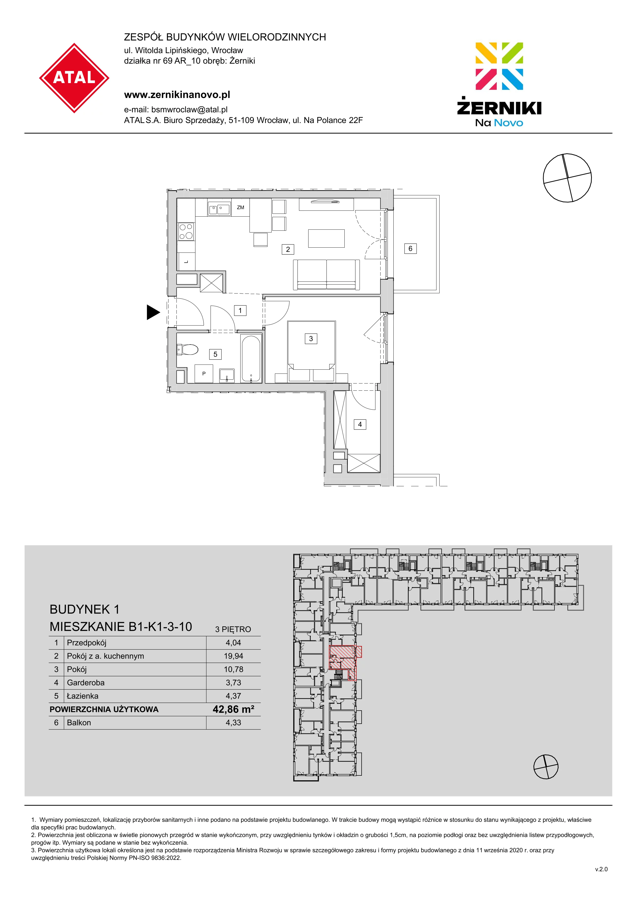 Mieszkanie 42,86 m², piętro 3, oferta nr B1-K1-3-10, Żerniki Na Novo, Wrocław, Żerniki, ul. Maxa Berga