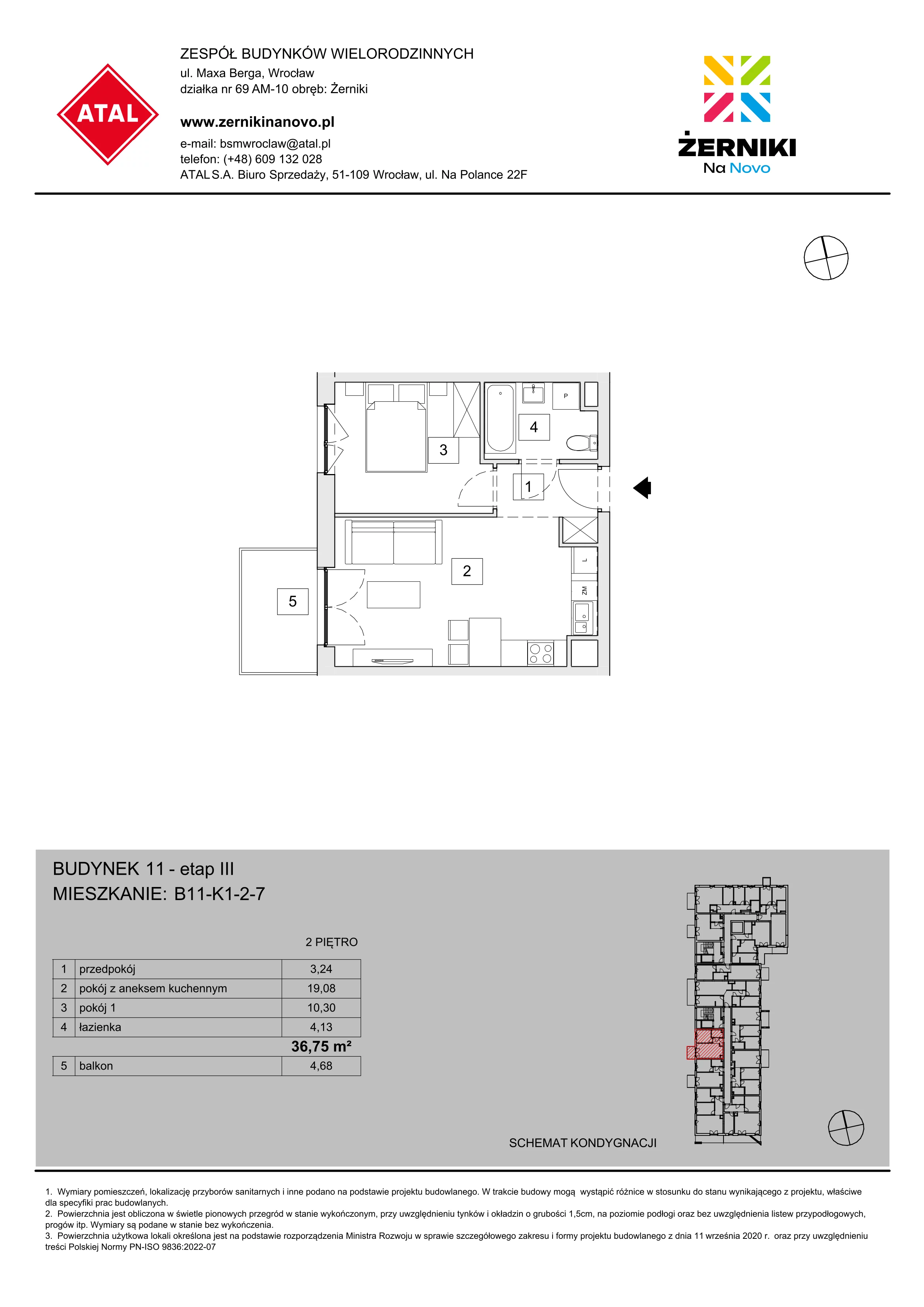 Mieszkanie 36,75 m², piętro 2, oferta nr B11-K1-2-7, Żerniki Na Novo III, Wrocław, Żerniki, ul. Maxa Berga