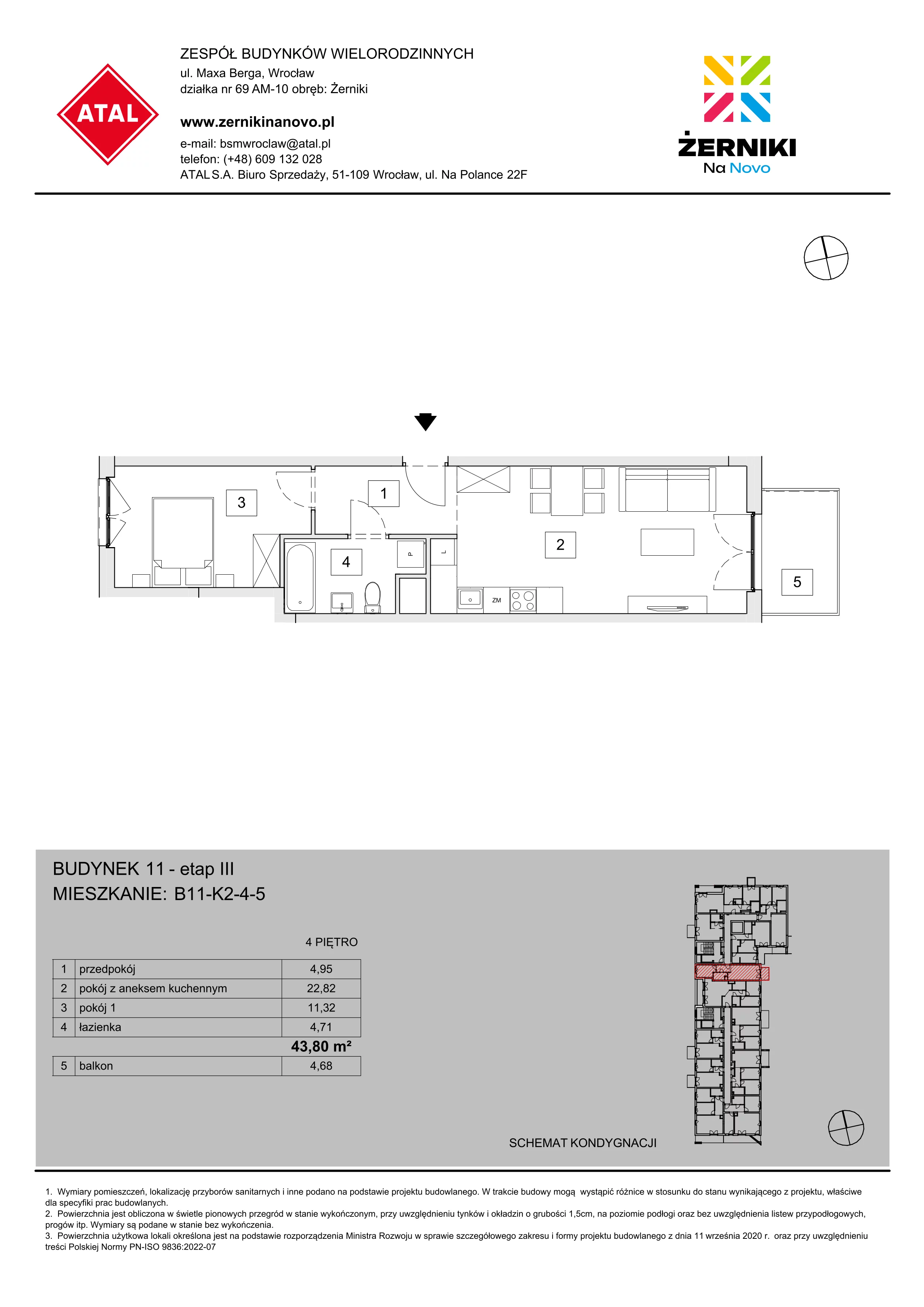 Mieszkanie 43,80 m², piętro 4, oferta nr B11-K2-4-5, Żerniki Na Novo III, Wrocław, Żerniki, ul. Maxa Berga