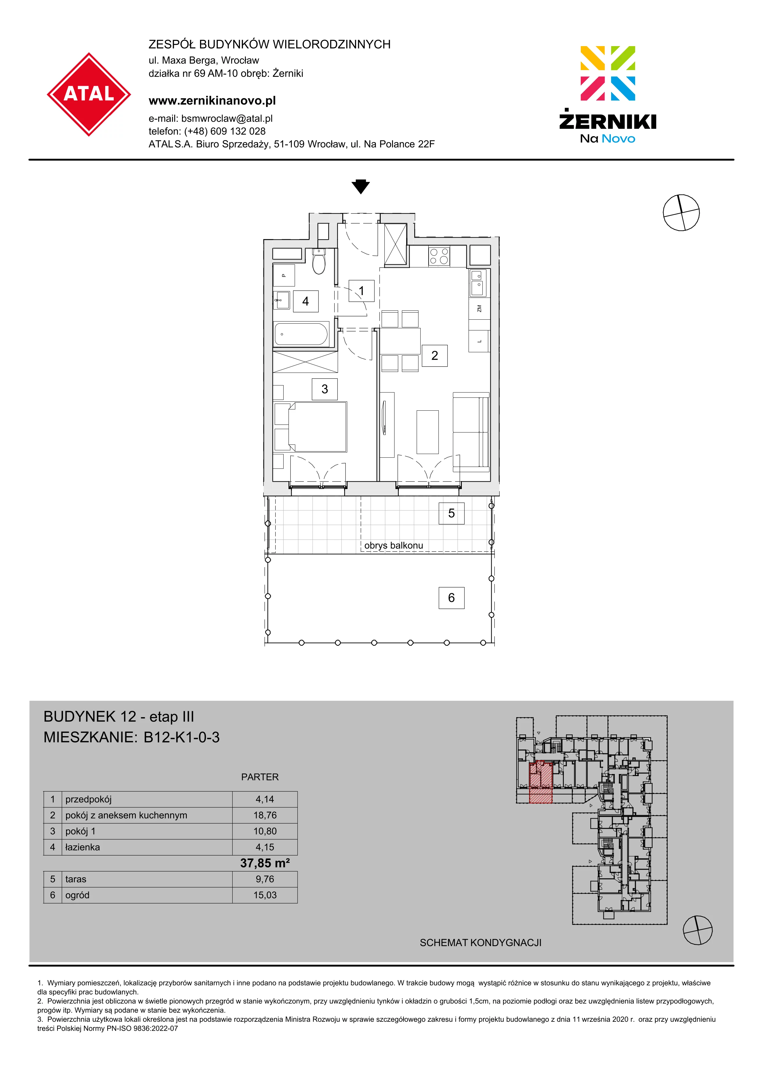 Mieszkanie 37,85 m², parter, oferta nr B12-K1-0-3, Żerniki Na Novo III, Wrocław, Żerniki, ul. Maxa Berga