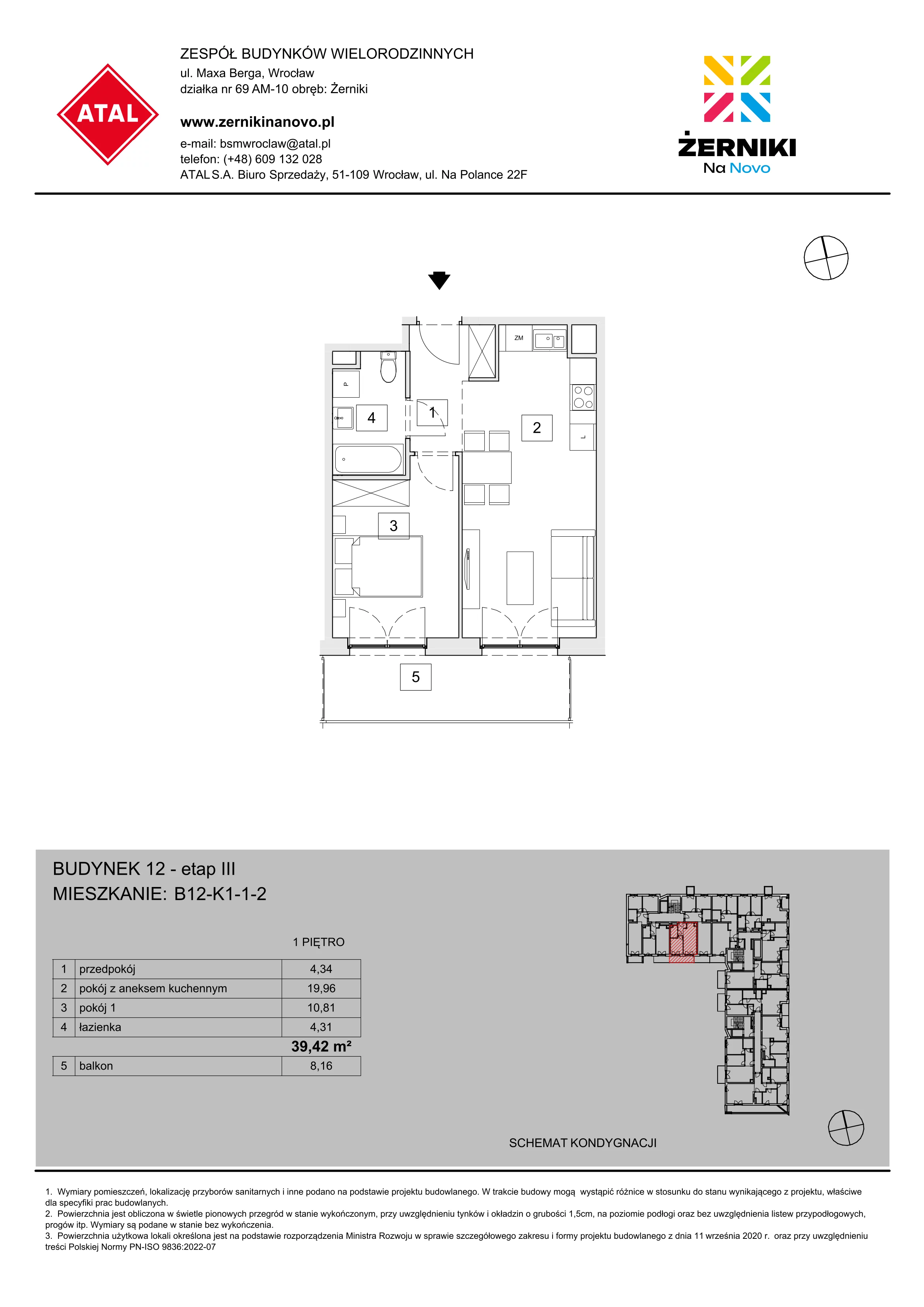 Mieszkanie 39,42 m², piętro 1, oferta nr B12-K1-1-2, Żerniki Na Novo III, Wrocław, Żerniki, ul. Maxa Berga