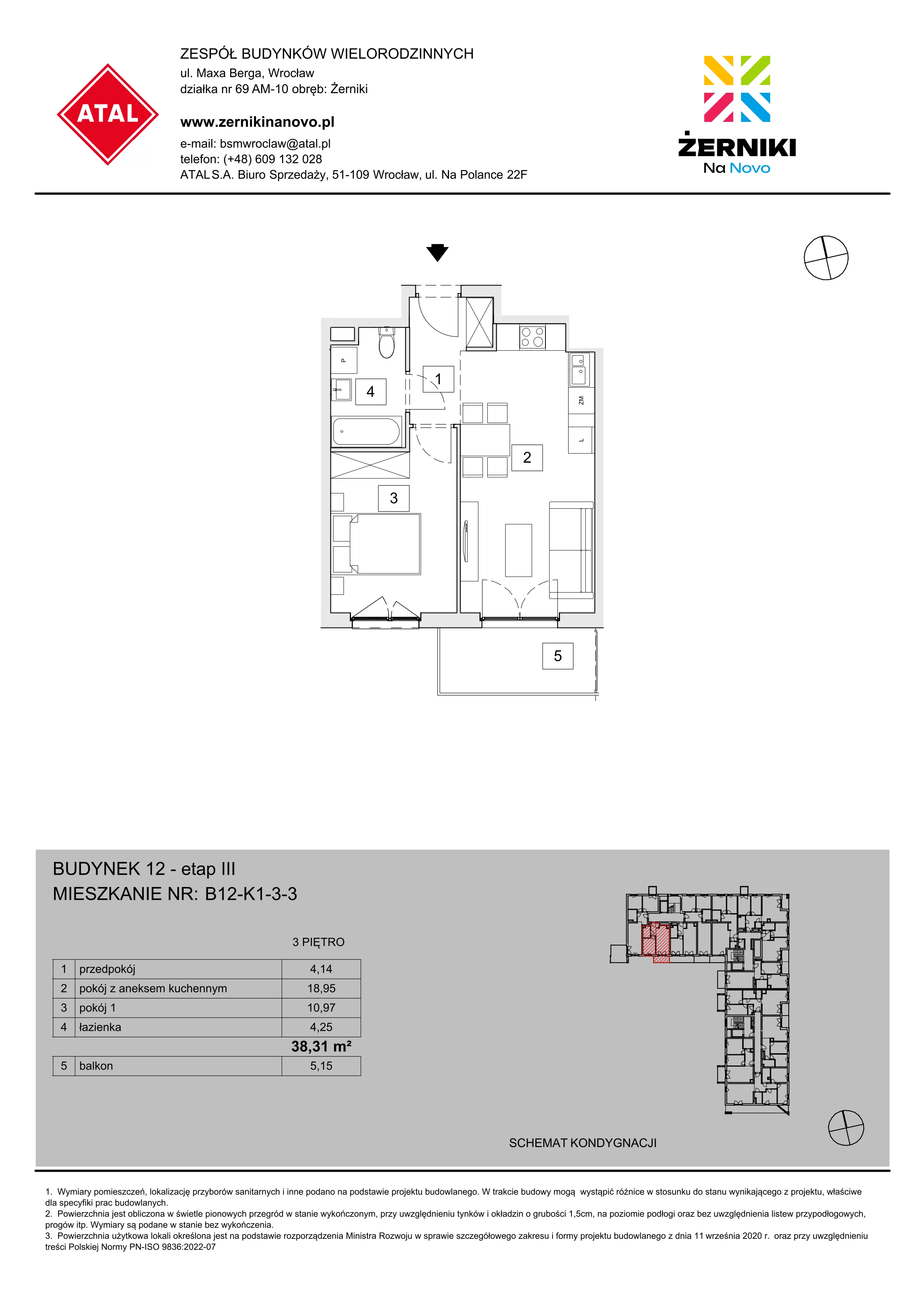 Mieszkanie 38,31 m², piętro 3, oferta nr B12-K1-3-3, Żerniki Na Novo III, Wrocław, Żerniki, ul. Maxa Berga