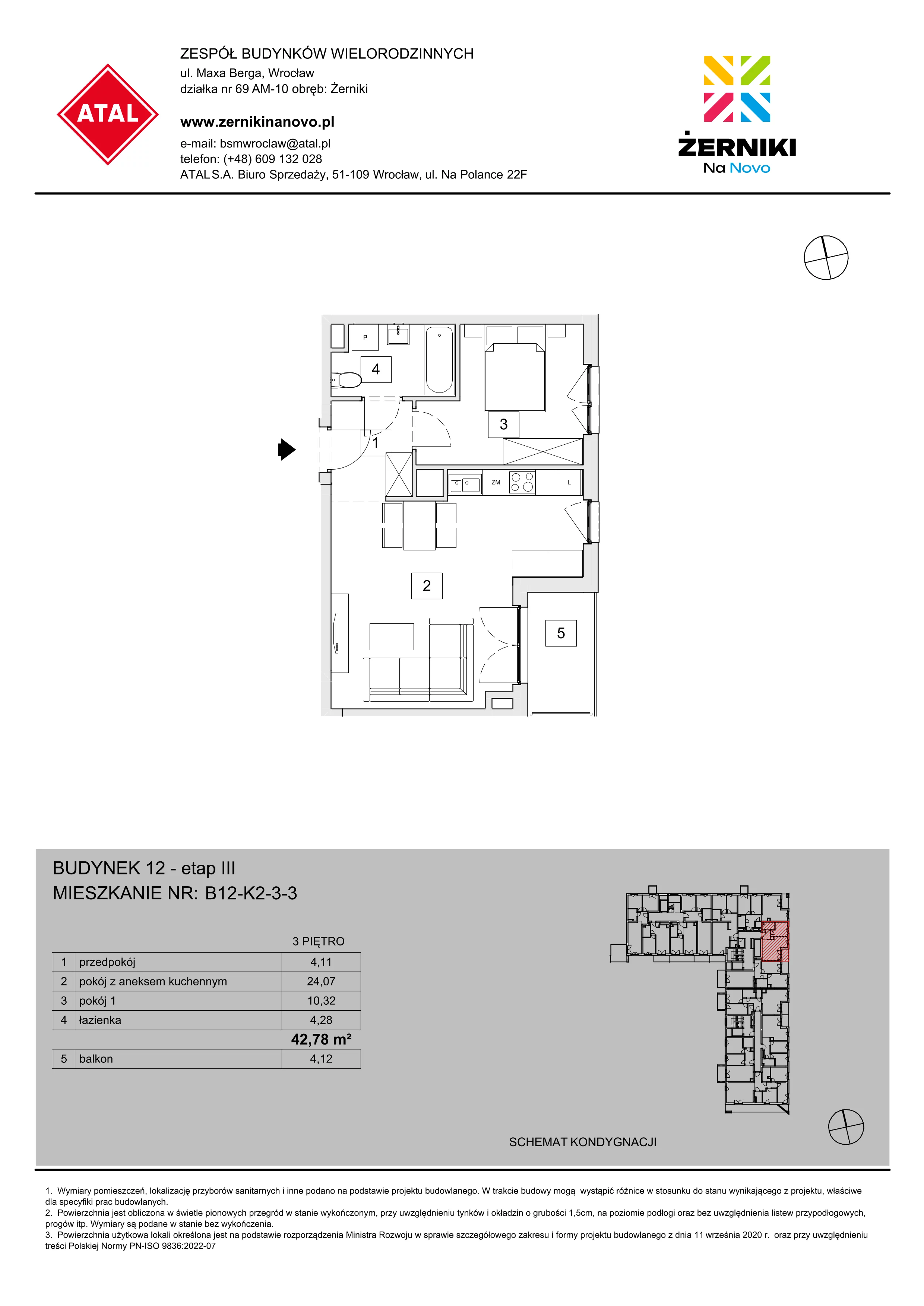 Mieszkanie 42,78 m², piętro 3, oferta nr B12-K2-3-3, Żerniki Na Novo III, Wrocław, Żerniki, ul. Maxa Berga