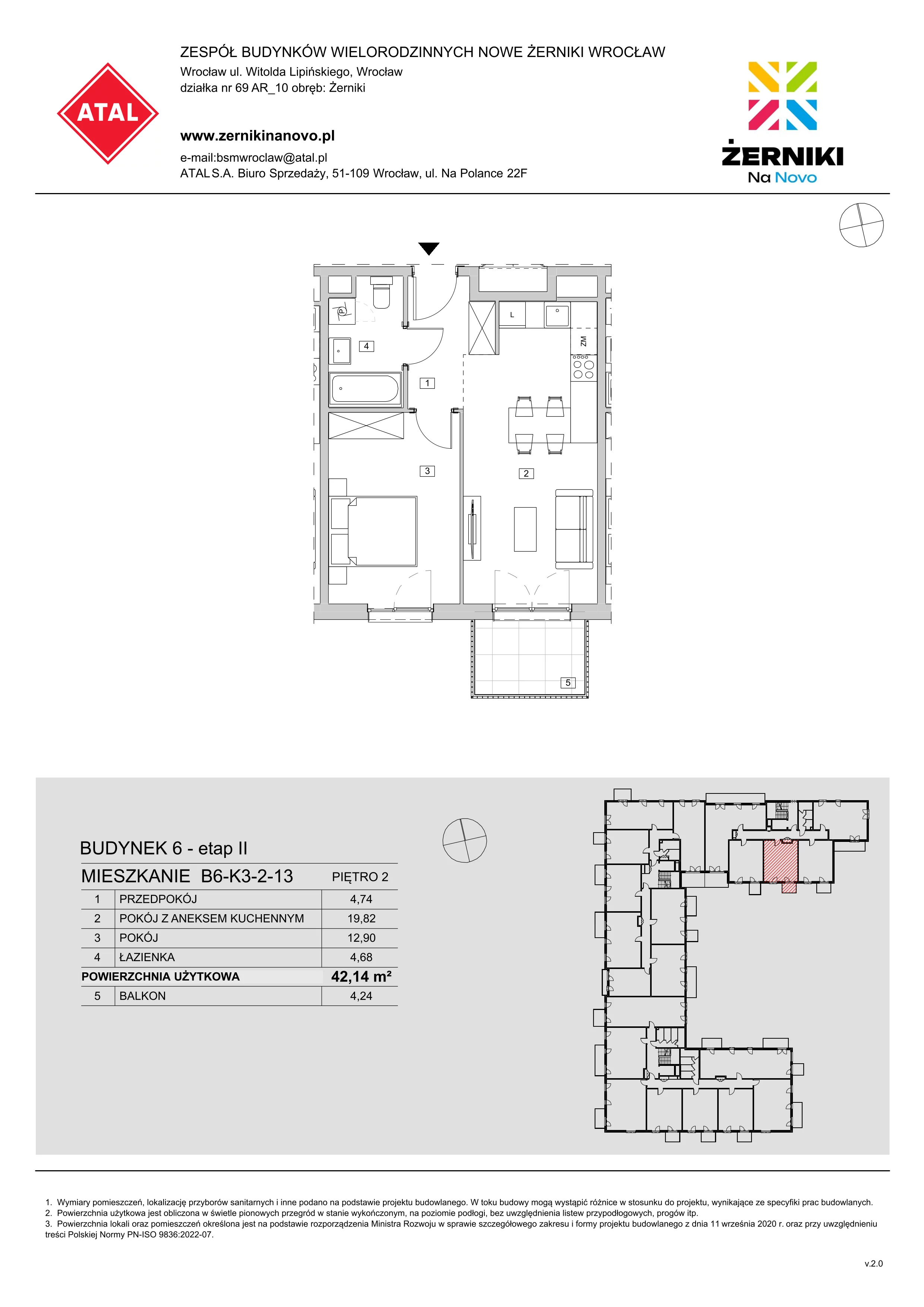 Mieszkanie 42,14 m², piętro 2, oferta nr B6-K3-2-13, Żerniki Na Novo II, Wrocław, Żerniki, ul. Maxa Berga