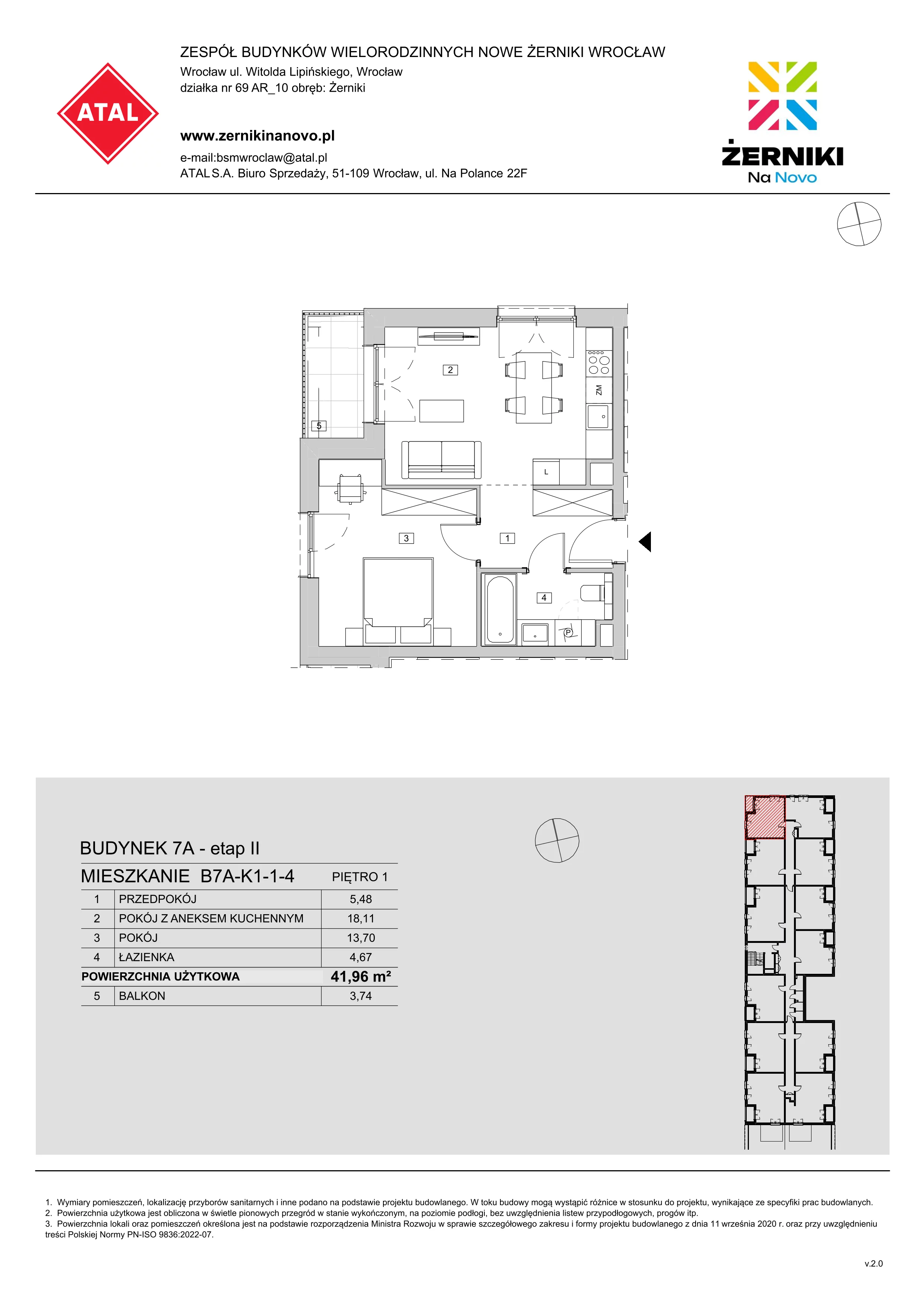 Mieszkanie 41,96 m², piętro 1, oferta nr B7A-K1-1-4, Żerniki Na Novo II, Wrocław, Żerniki, ul. Maxa Berga