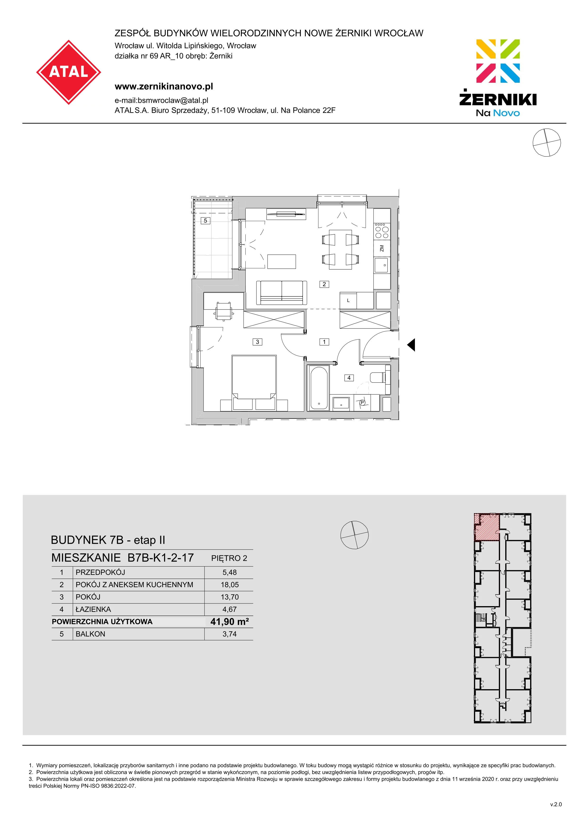 Mieszkanie 41,90 m², piętro 2, oferta nr B7B-K1-2-17, Żerniki Na Novo II, Wrocław, Żerniki, ul. Maxa Berga