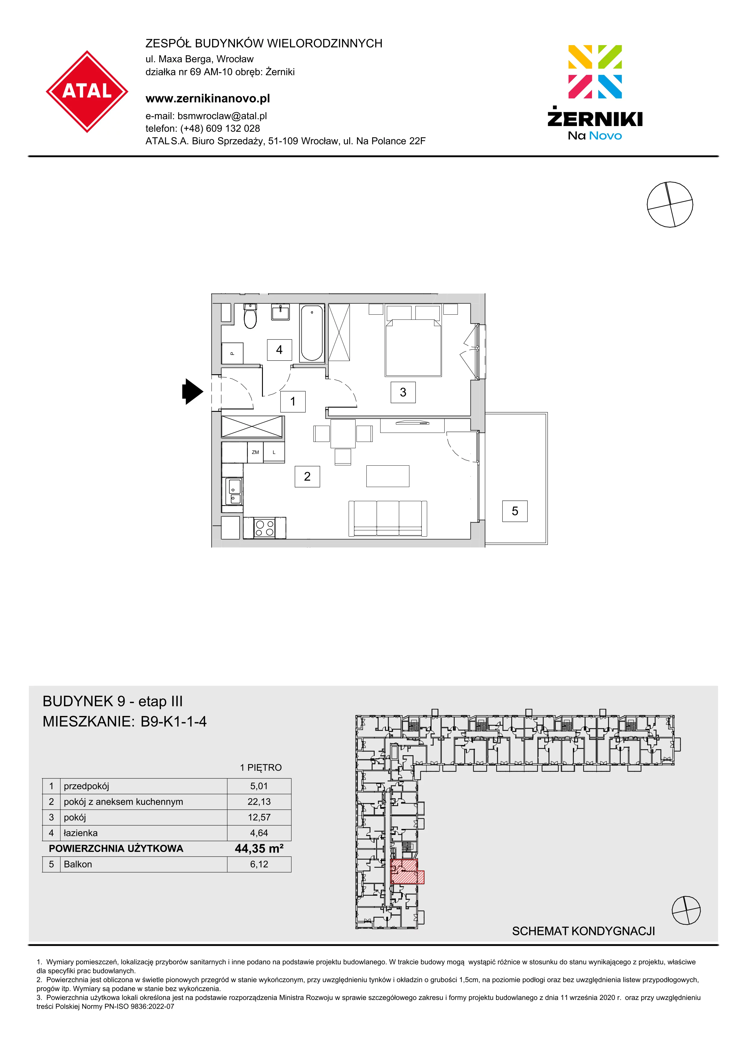 Mieszkanie 44,35 m², piętro 1, oferta nr B9-K1-1-4, Żerniki Na Novo III, Wrocław, Żerniki, ul. Maxa Berga