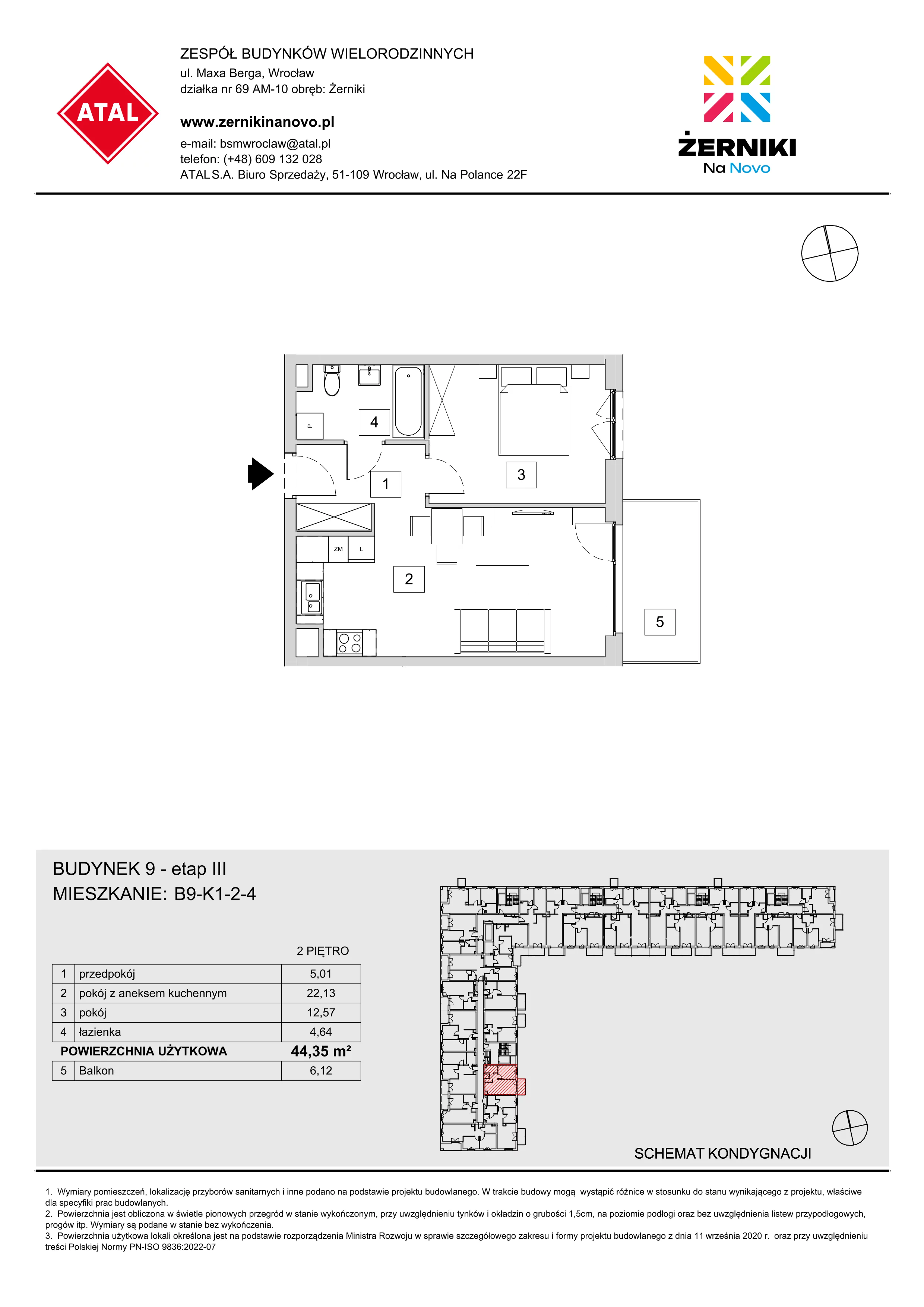 Mieszkanie 44,35 m², piętro 2, oferta nr B9-K1-2-4, Żerniki Na Novo III, Wrocław, Żerniki, ul. Maxa Berga