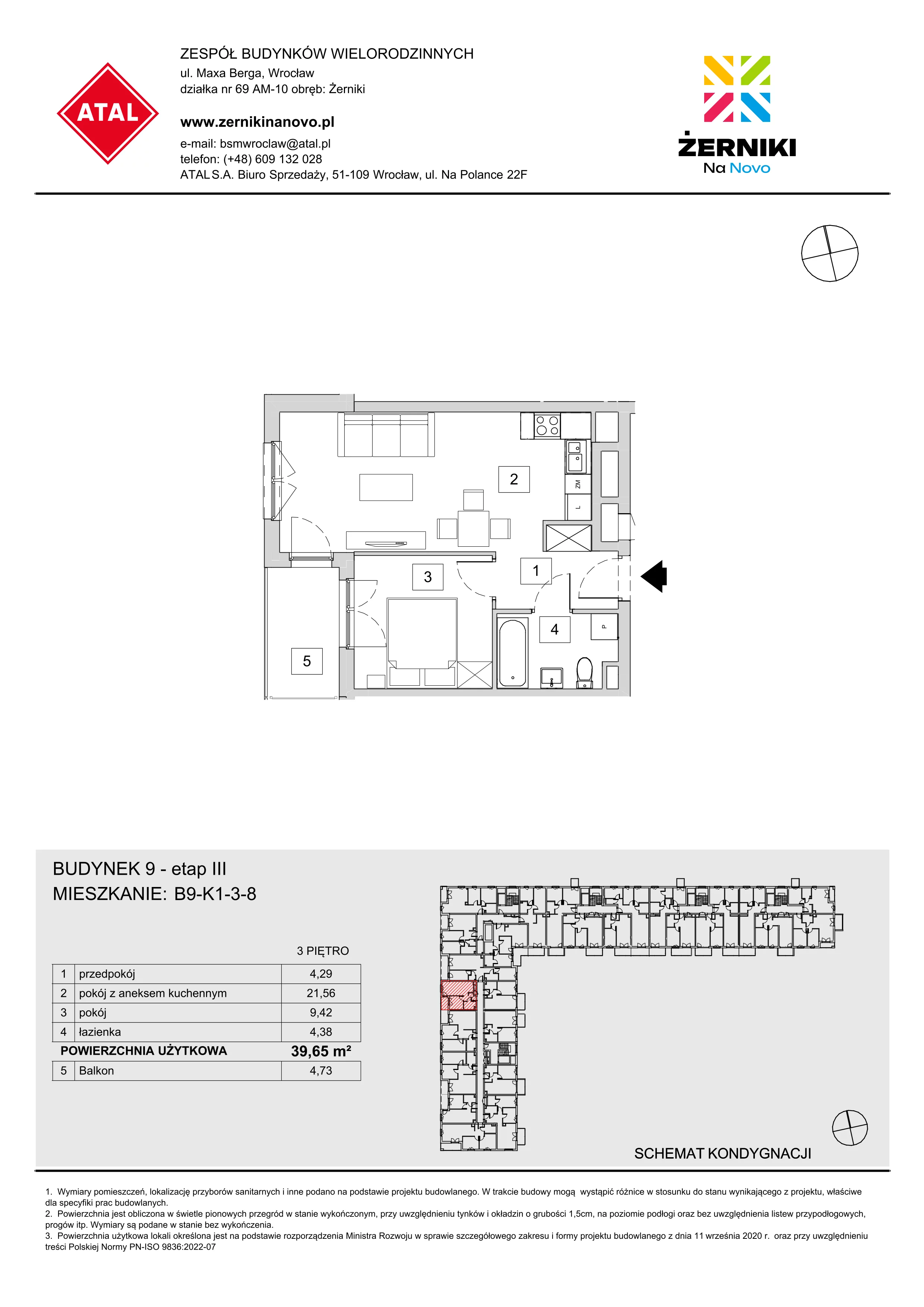 Mieszkanie 39,65 m², piętro 3, oferta nr B9-K1-3-8, Żerniki Na Novo III, Wrocław, Żerniki, ul. Maxa Berga