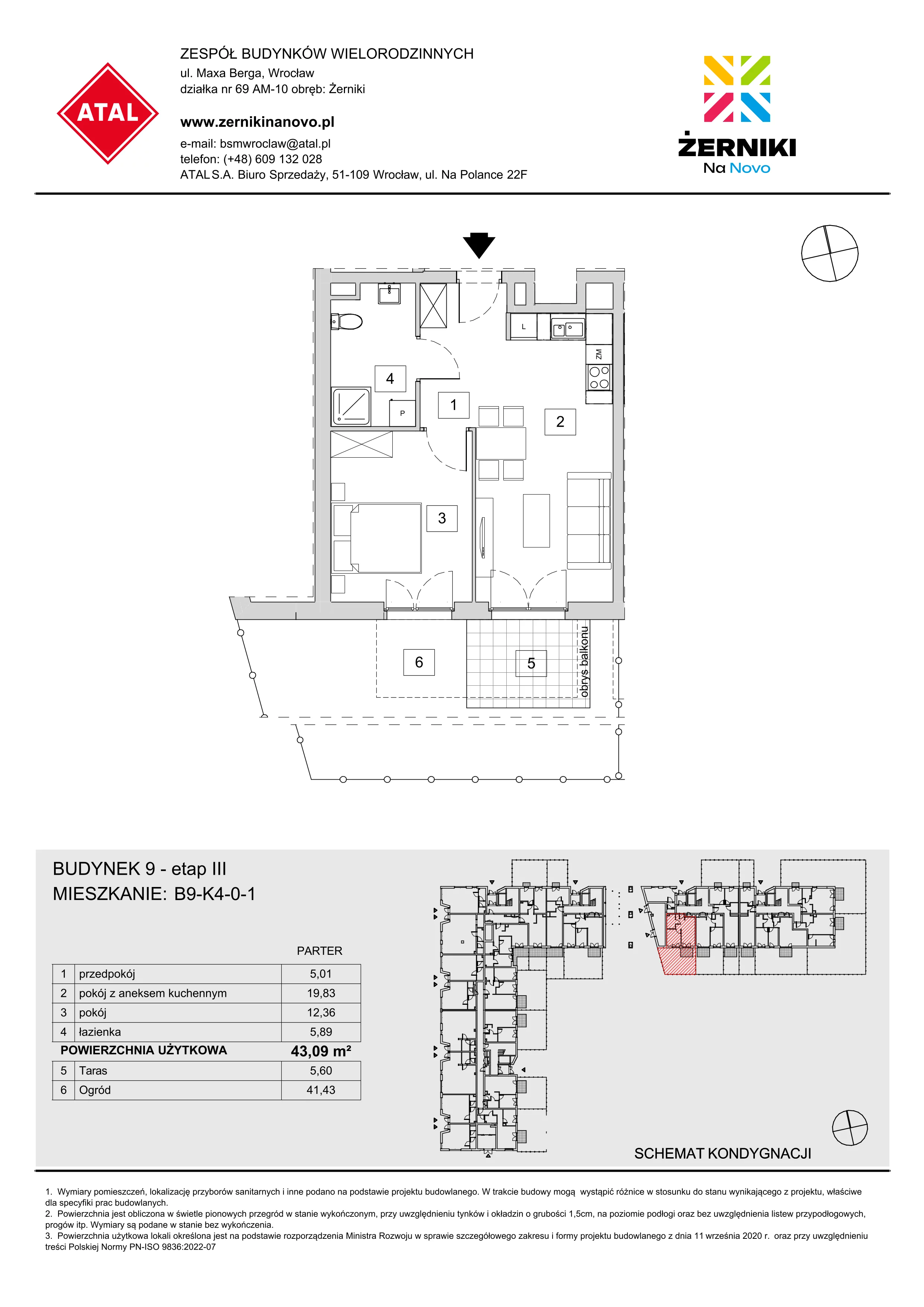 Mieszkanie 43,09 m², parter, oferta nr B9-K4-0-1, Żerniki Na Novo III, Wrocław, Żerniki, ul. Maxa Berga