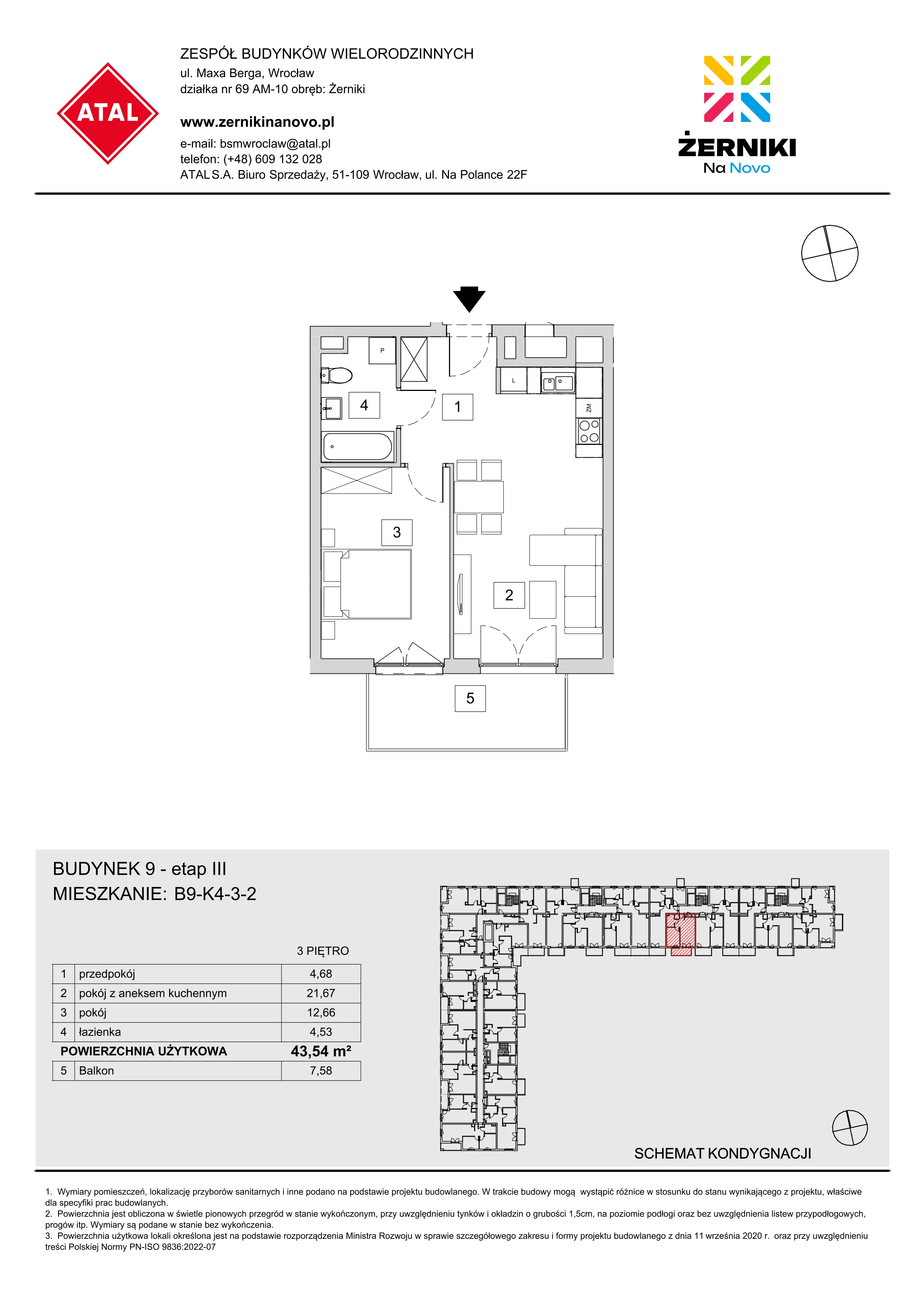 Mieszkanie 43,54 m², piętro 3, oferta nr B9-K4-3-2, Żerniki Na Novo III, Wrocław, Żerniki, ul. Maxa Berga